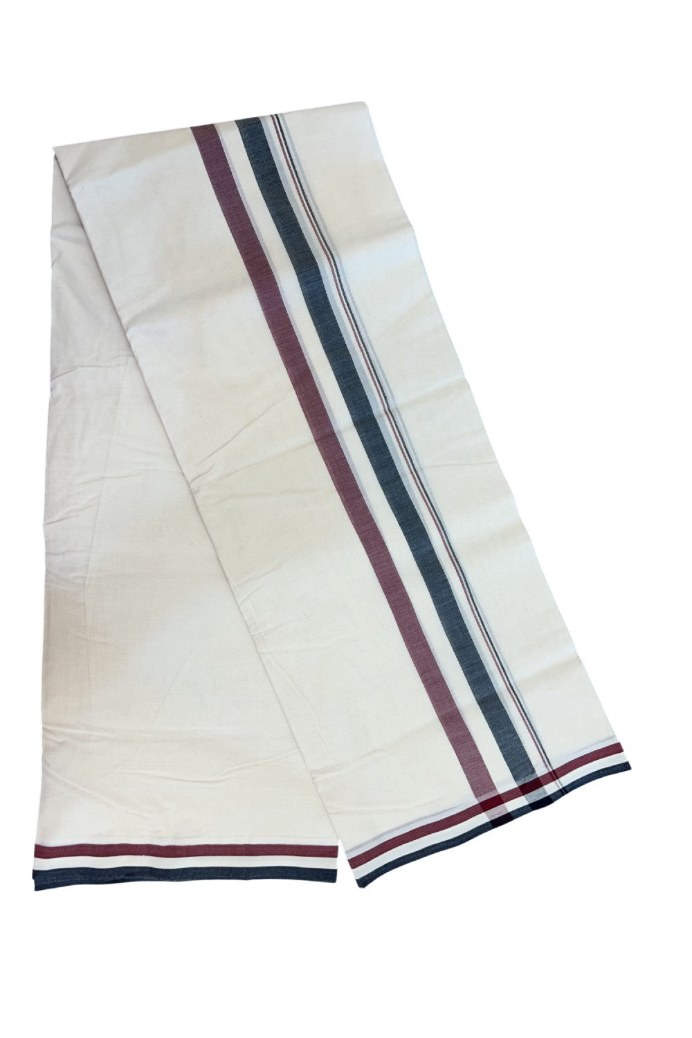 AIADMK VESHTI - 15% DISCOUNT! KaithariKada 100% Cotton off white Double - (Unbleached) Mundu/Dhoti - 100X100 - 2.25 inch Black White & Maroon kara - 2KK5204 ASH