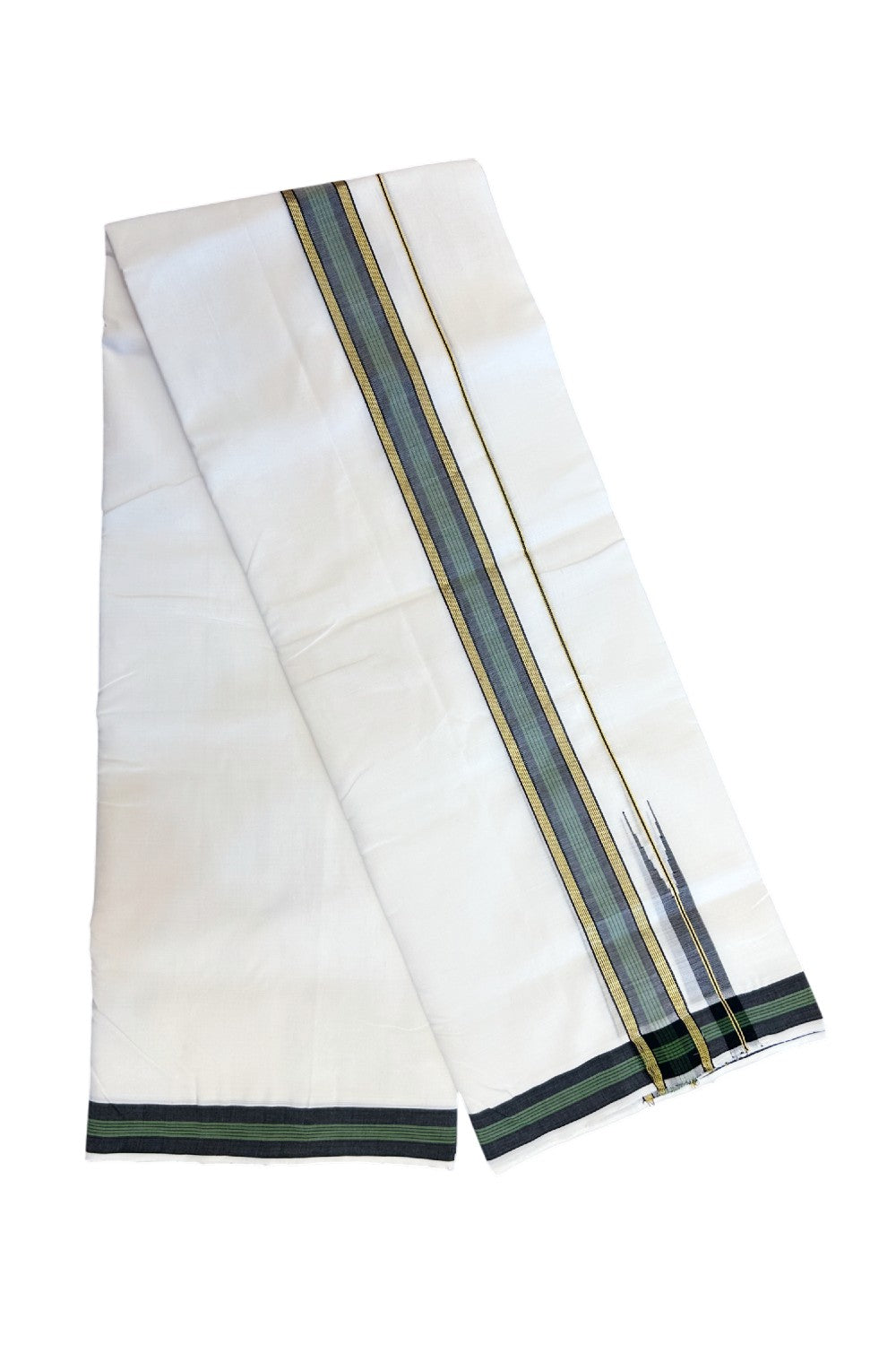 25% Discount!! NEW ULTRA PURE WHITE HANDLOOM Balaramapuram - 100% Mercerised Cotton Double Mundu/Dhoti - 120 twisted warp x 80s weft - 1.5 inch Puliyilakkara Gold Kasavu Green Striped & Black Chutty Kara- 2KK5209 REA