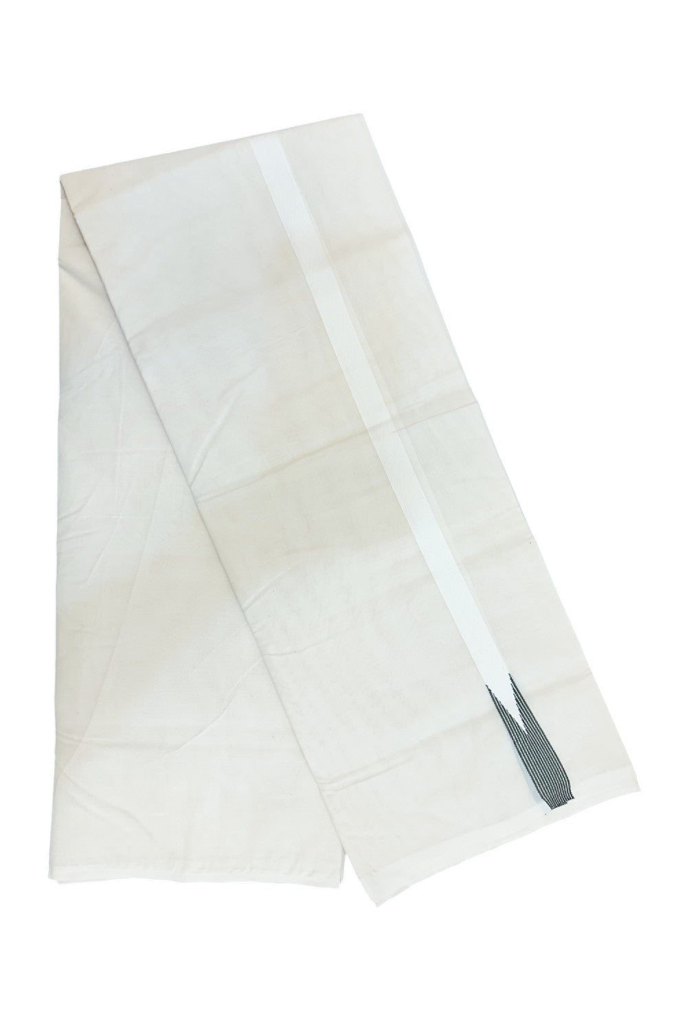 28% DISCOUNT ! KaithariKada Balaramapuram 100% COTTON Double OFF WHITE (Unbleached) Mundu/Dhoti- 100x100 - 1 inch Puliyilakkara Olive Green Striped Chutty Kara - 2KK5211ASH