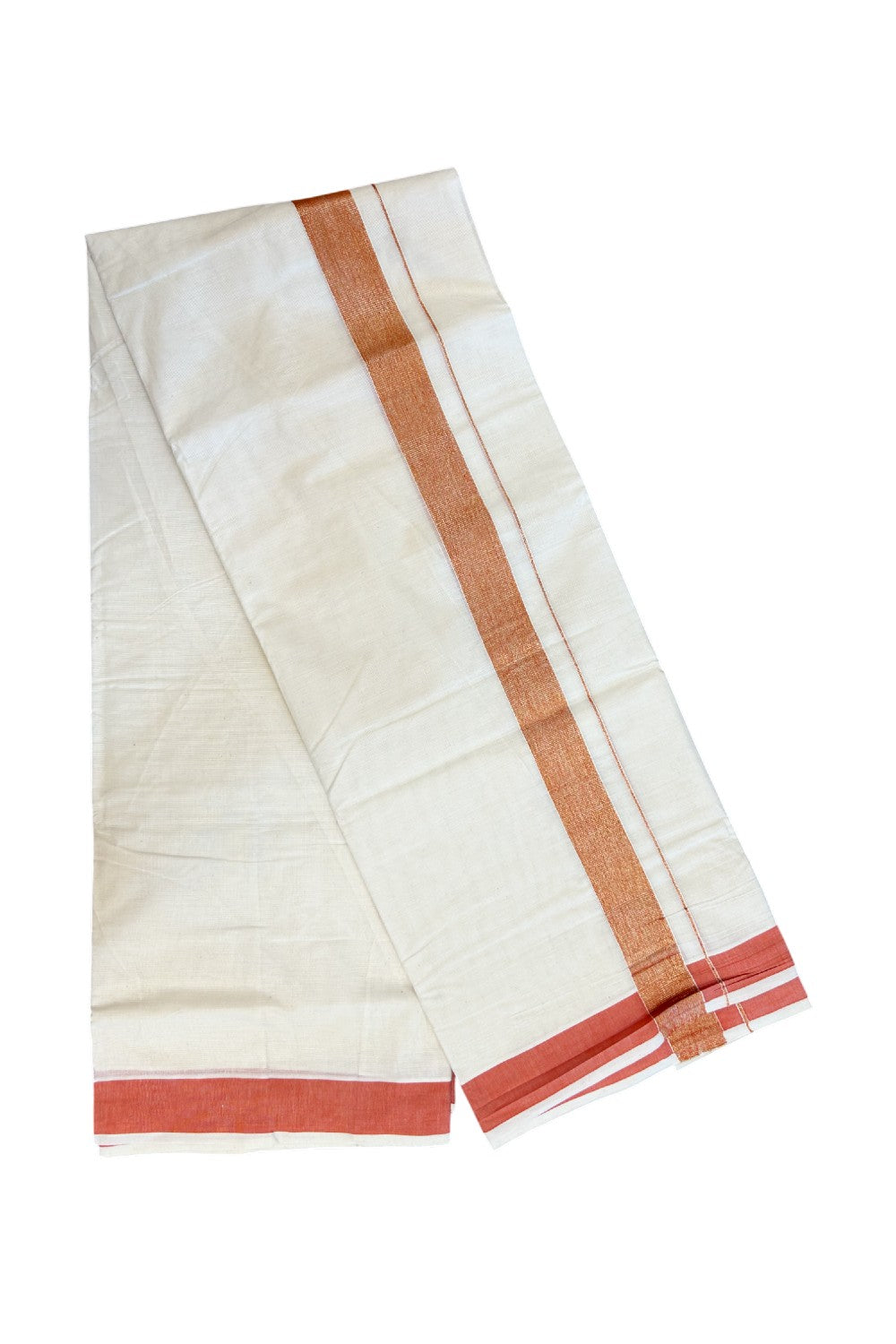 20% DISCOUNT ! KaithariKada Balaramapuram Mixed Cotton OFF WHITE (Unbleached) Double Mundu/Dhoti - 60s Thread Mixed Cotton - 1.5 inch Orange & Gold Kasav Kara - 2KK5213 VIN