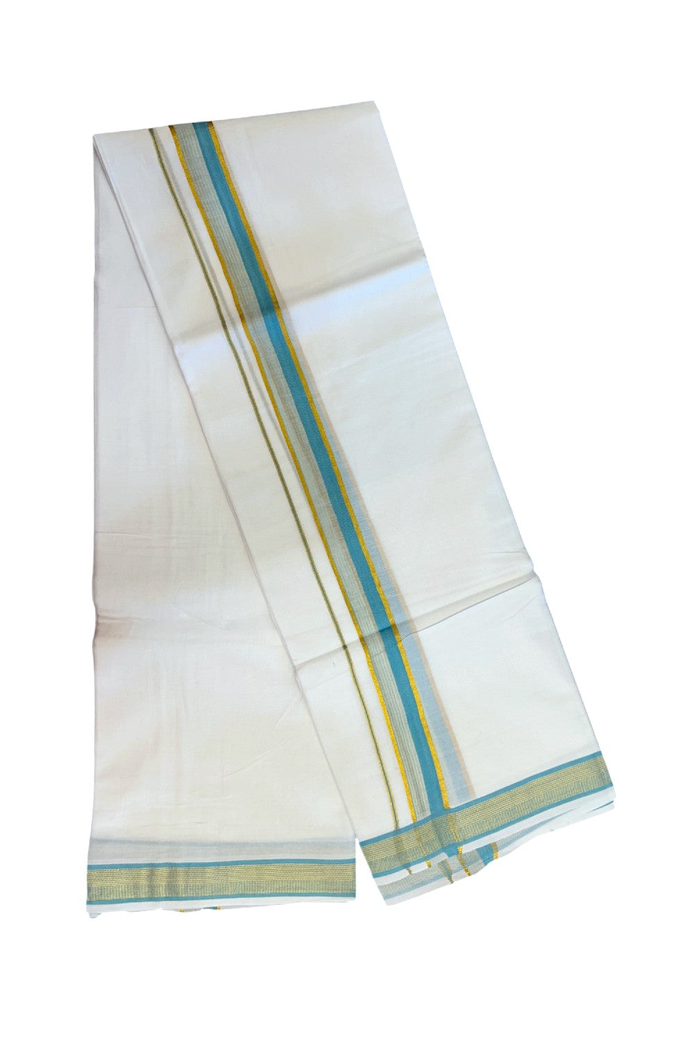 16% DISCOUNT! KaithariKada Balaramapuram 100% MERCERISED Cotton Double ULTRA PURE WHITE Mundu/Dhoti - 100x100 - 1.25 inch Sky Blue & Kasavu Stripes Kara - 2KK5221 GAN