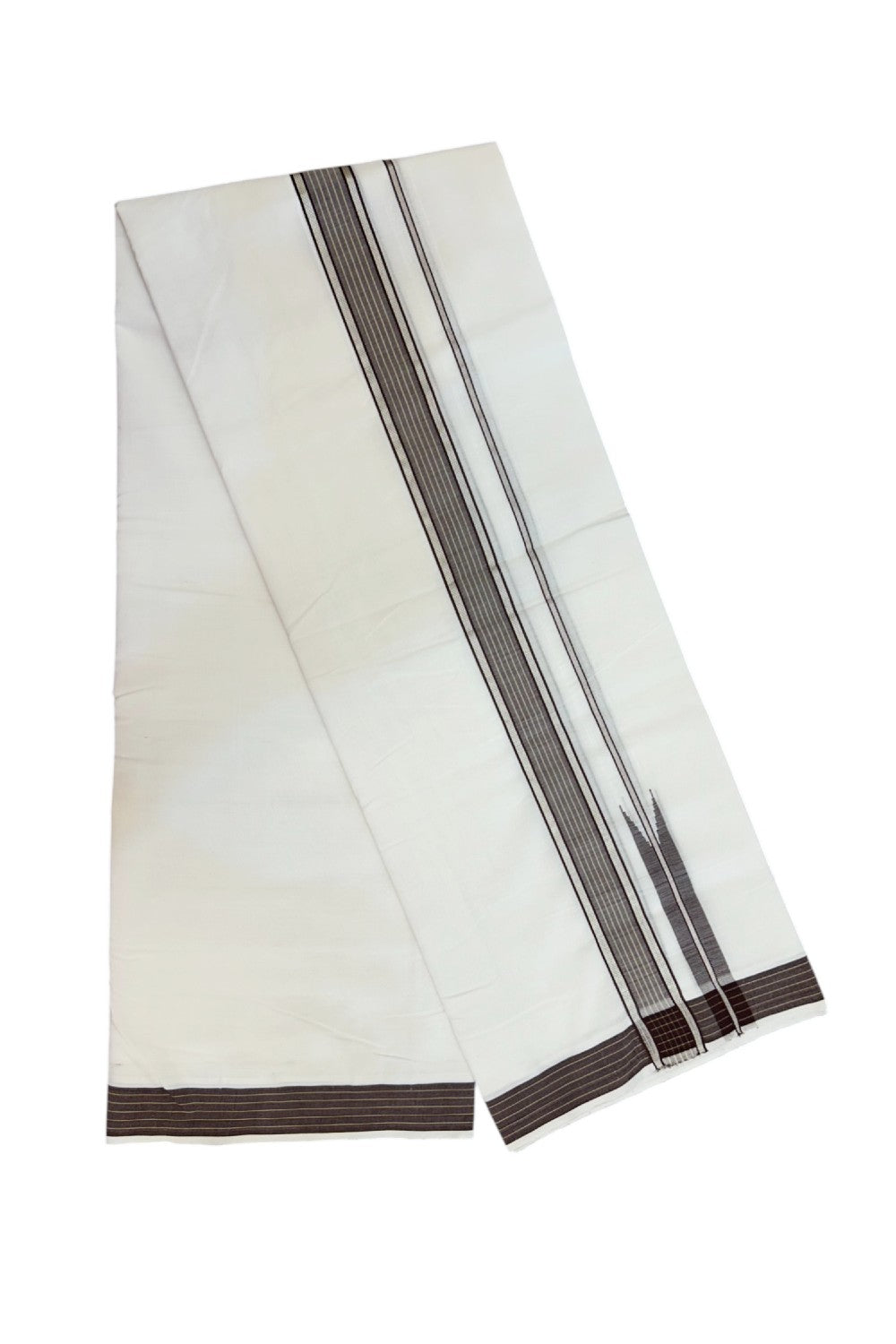 25% Discount!! NEW ULTRA PURE WHITE HANDLOOM Balaram apuram - 100% Mercerised Cotton Double Mundu/Dhoti - 120 twisted warp x 80s weft - 1.5 inch Puliyilakkara Silver Kasavu & Dark Brown Striped Chutty Kara - 2KK5232 REA