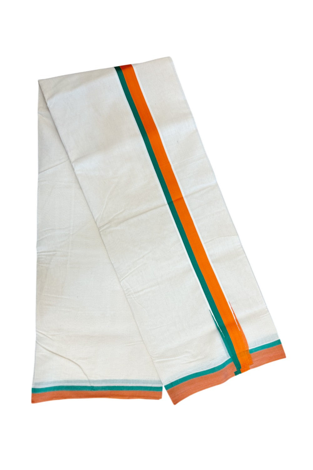 BJP VESHTI - 20% DISCOUNT! KaithariKada 100% Cotton off white Double - (Unbleached) Mundu/Dhoti - 100X80 - 1.5 inch Puliyilakkara Orange & Green Chutty Kara - 4mtr (8.5 muzham)- 2KK5238 ASH