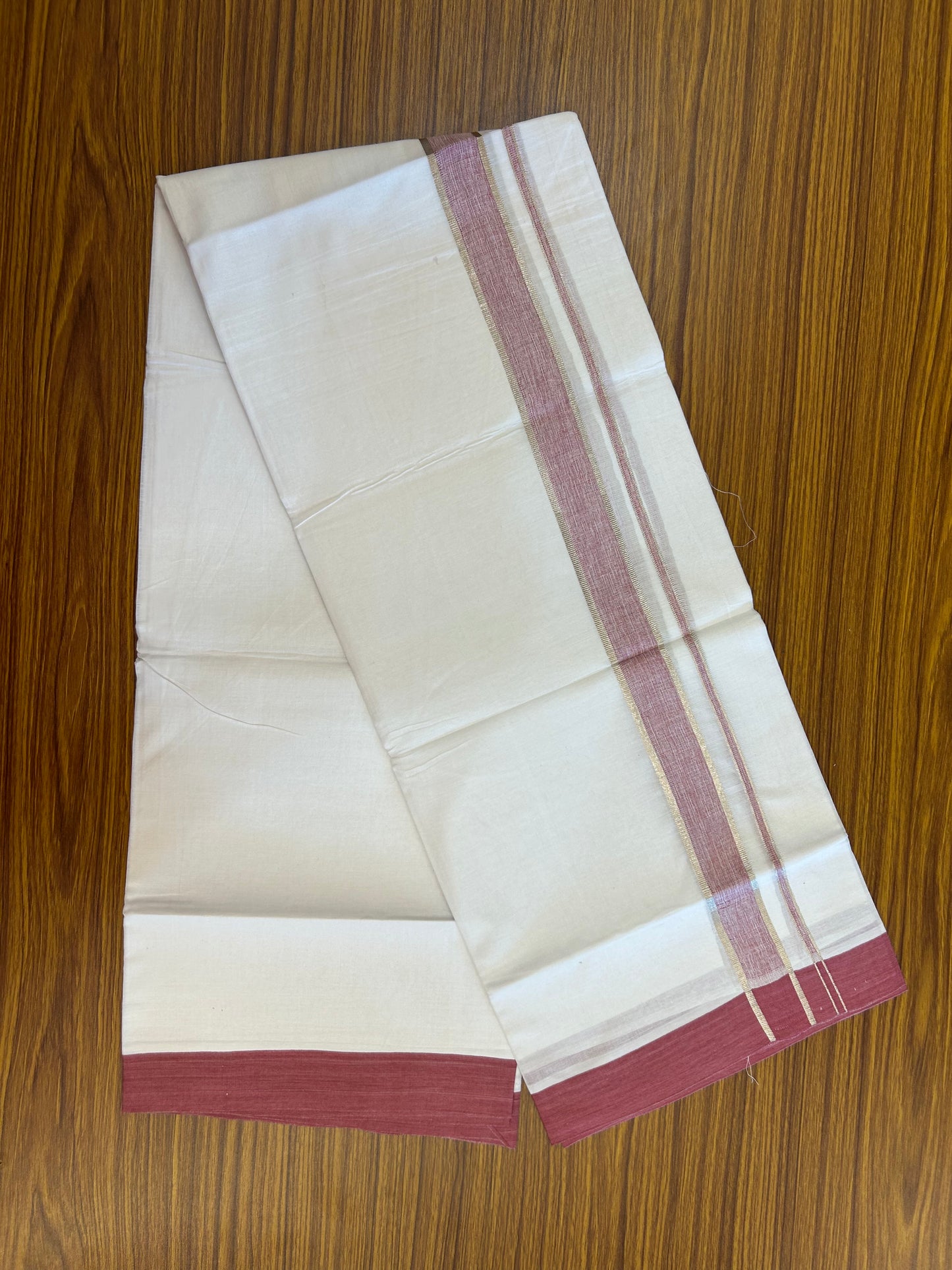 Short Dhoti Special - 28% Discount ! KaithariKada 100% Cotton Pure White Double Mundu / Dhoti - 100x80 - 45 inch Height 3.80 m Length  1.5 inch Maroon Magenta Mix Silver Kasav kara - 2 KK5258 THI