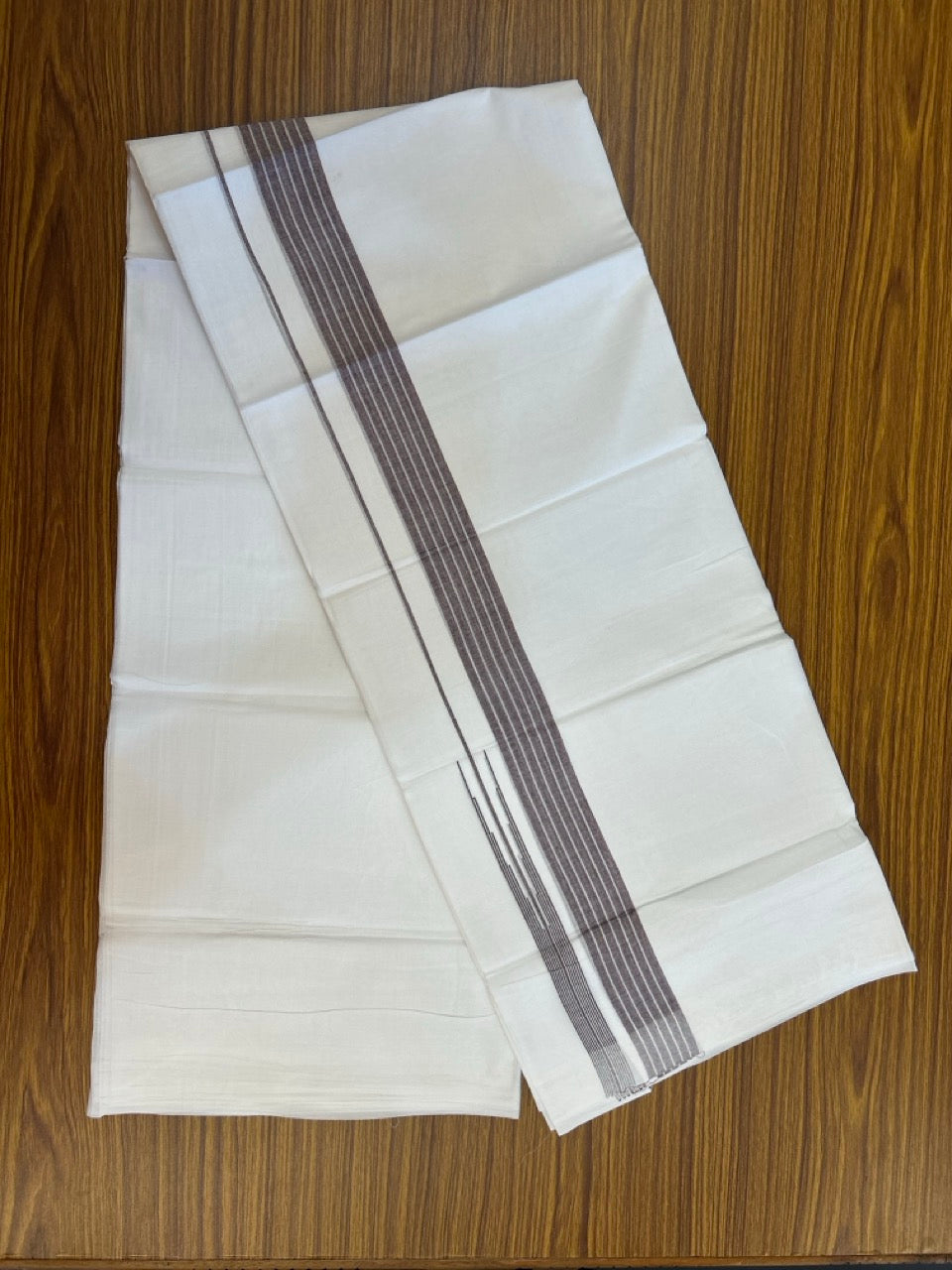 24% Discount! KaithariKada Balaramapuram 100% Cotton Pure white Double Mundu/Dhoti - (100x80)s - 1.5 inch Puliyilakkara Dark Maroon Stripes Chutty - 102 KK5258 THI