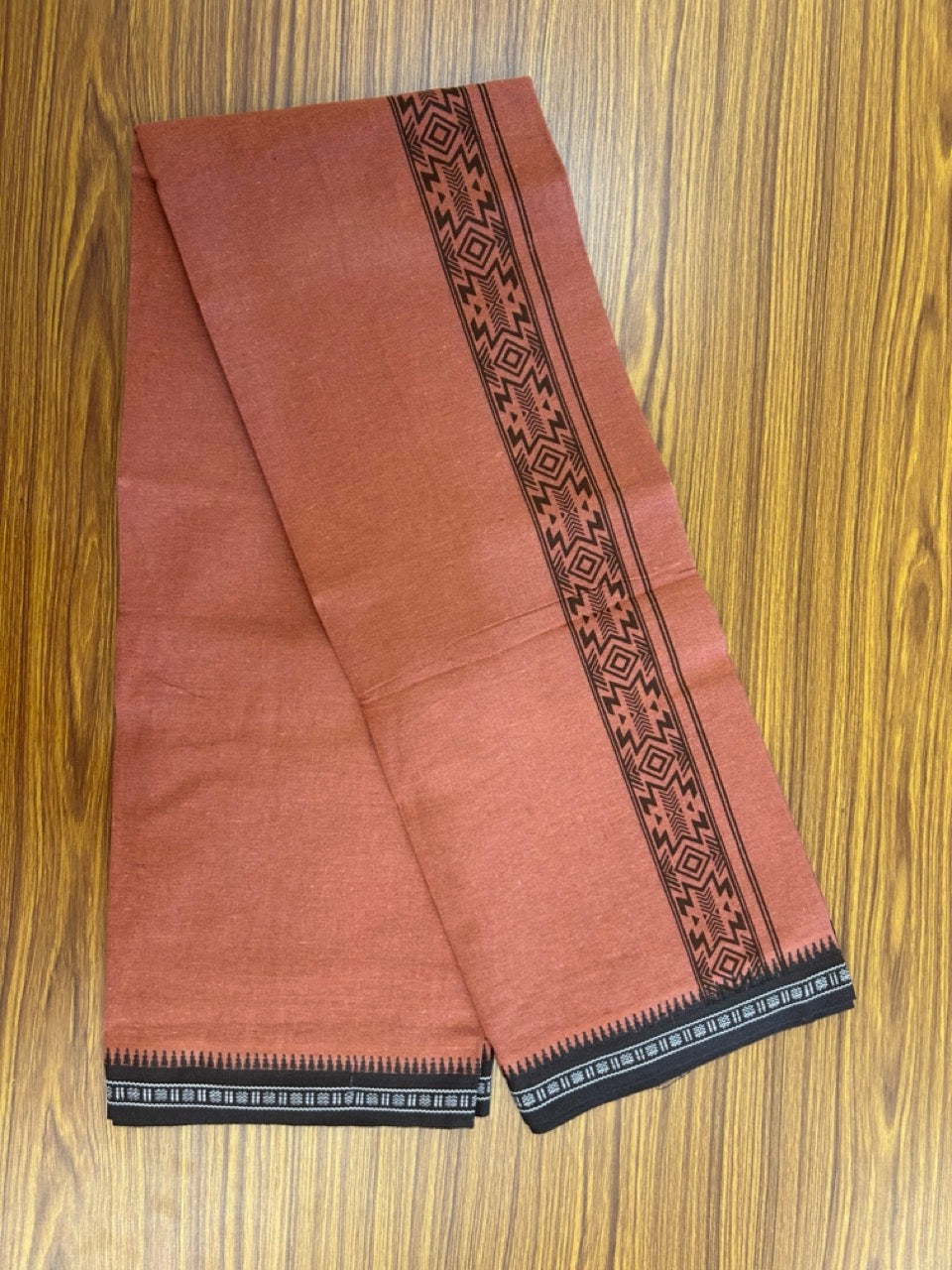 8% Discount!!! Kaitharikada Mixed Cotton Single KAVI - Kaily / Lungi - 3.25 inch BROWN Tribal Printed kara Kuppadam Border (2 meter / 4 muzham) - 2KK8027 AS