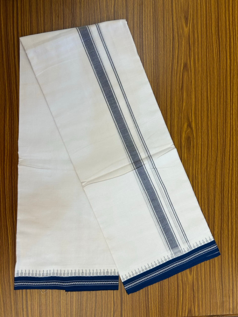 Premium Kathar Type Mercerised Pure Cotton Single Mund Kaitharikada Special - Kaily / Lungi -  1.25 inch Blue Striped kara White Body Kuppadam Border (2 meter / 4 muzham) - 2 KK8031 MUT