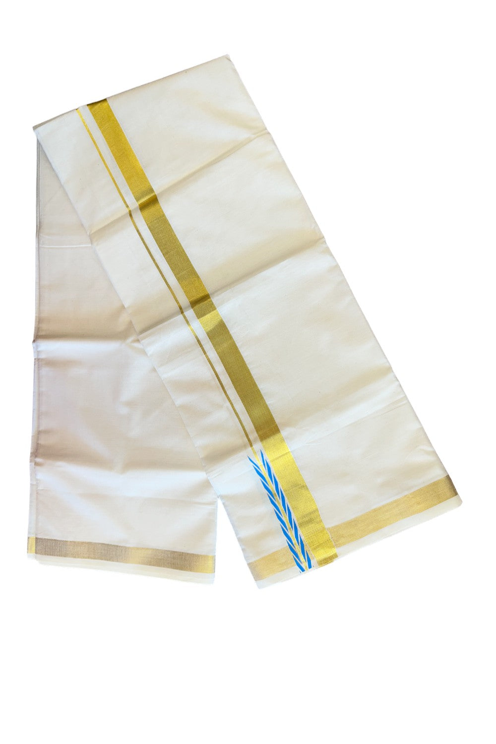 15% DISCOUNT!!! KaithariKada Balaramapuram 100%  Cotton off white Double - (Unbleached) Mundu/Dhoti - 80X72  GOLD KASAVU & BLUE CHUTTY Printed Kara - 2KK85CEE
