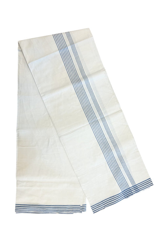Ultimate HANDLOOM-19% Discount! - Kaitharikada Kalamachal-Government Sealed HALLMARKED-100% PURE COTTON! (80x80) Twisted Thread- Light WHITE SINGLE Mundu / Dhoti - 1.25 inch Blue Striped Kara - 2KK5199KK