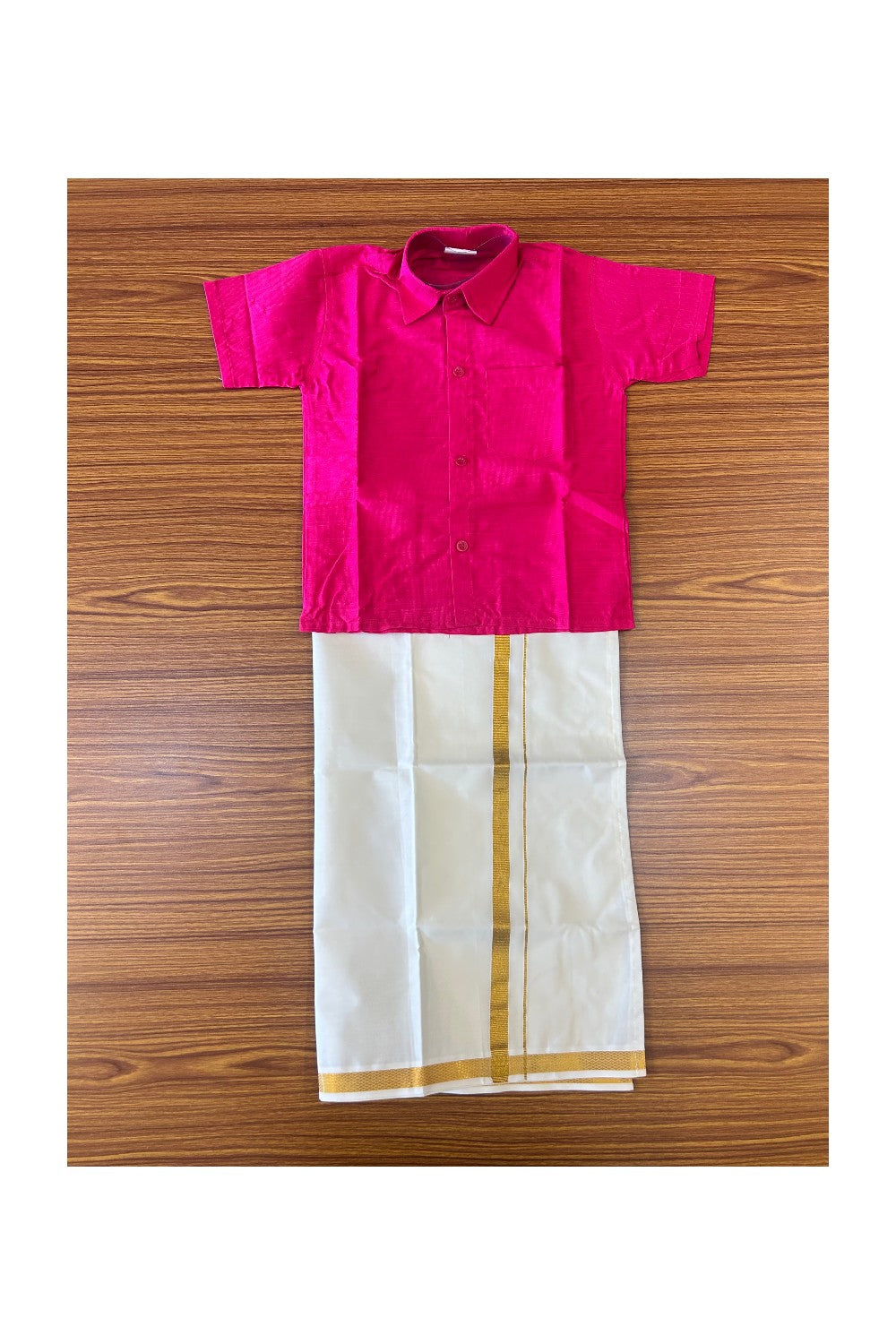 10% DISCOUNT !!! Yuvraj-Traditional South Indian Kids Shirt & Mund - Dark pink Shirt Off white Kasavu Mund Age 3 - 2KK99YUV3.