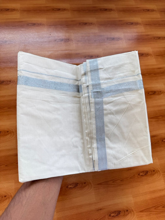 Single Off White Pure 100% Cotton - KaithariKada UnBleached Dhoti - 40s - 0.5inch Silver Kasav (2 meter / 4 muzham) - 2 KK5467 MC
