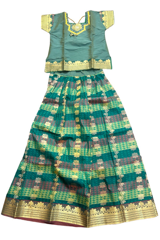 Midukki-Traditional South Indian Kids Pattu Pavada- Green top Green skirt with emboss work- Age 17&18 - KK17&18MID002