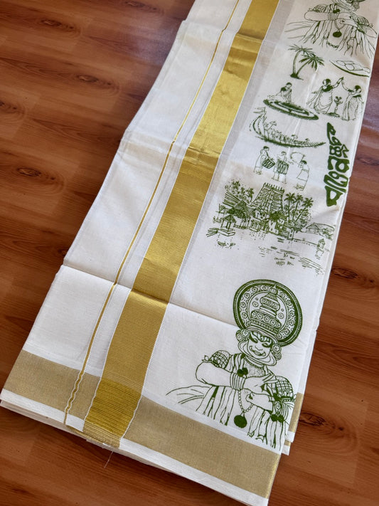 Double Off White - Onam Festival Print - (Unbleached) Mundu/Dhoti- 20% Discount!! KaithariKada Kerala Mixed Cotton 60s - 1.5 inch Gold Kasav with Green Printed Design Kara - 2 KK5474 GAN
