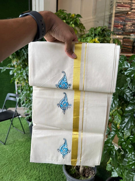 KaithariKada Balaramapuram 100% Cotton Double Off white - (Unbleached) Mundu/Dhoti-100x80 - 0.75 inch Hand Painted Gold Kasav Sky Blue & White Mural Design Kara 3.75 mtr (8 muzham) - 2 KK5244 ASH