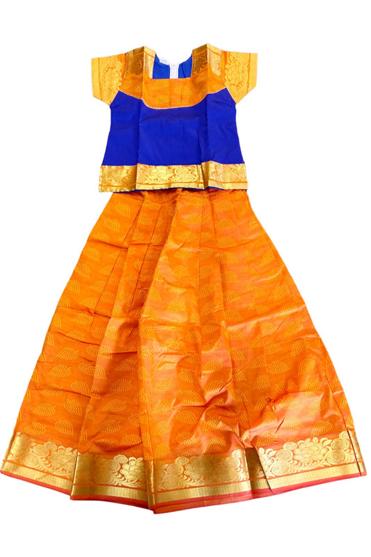 Midukki-Traditional South Indian Kids Pattu Pavada- Blue top light orange skirt with emboss work- Age 12 - KK12MID002