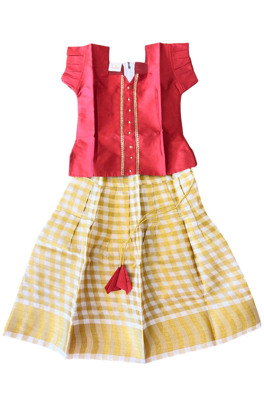 Midukki-Traditional South Indian Kids Pattu Pavada- Maroon top offwhite check skirt- Age 3 - KK3MID002