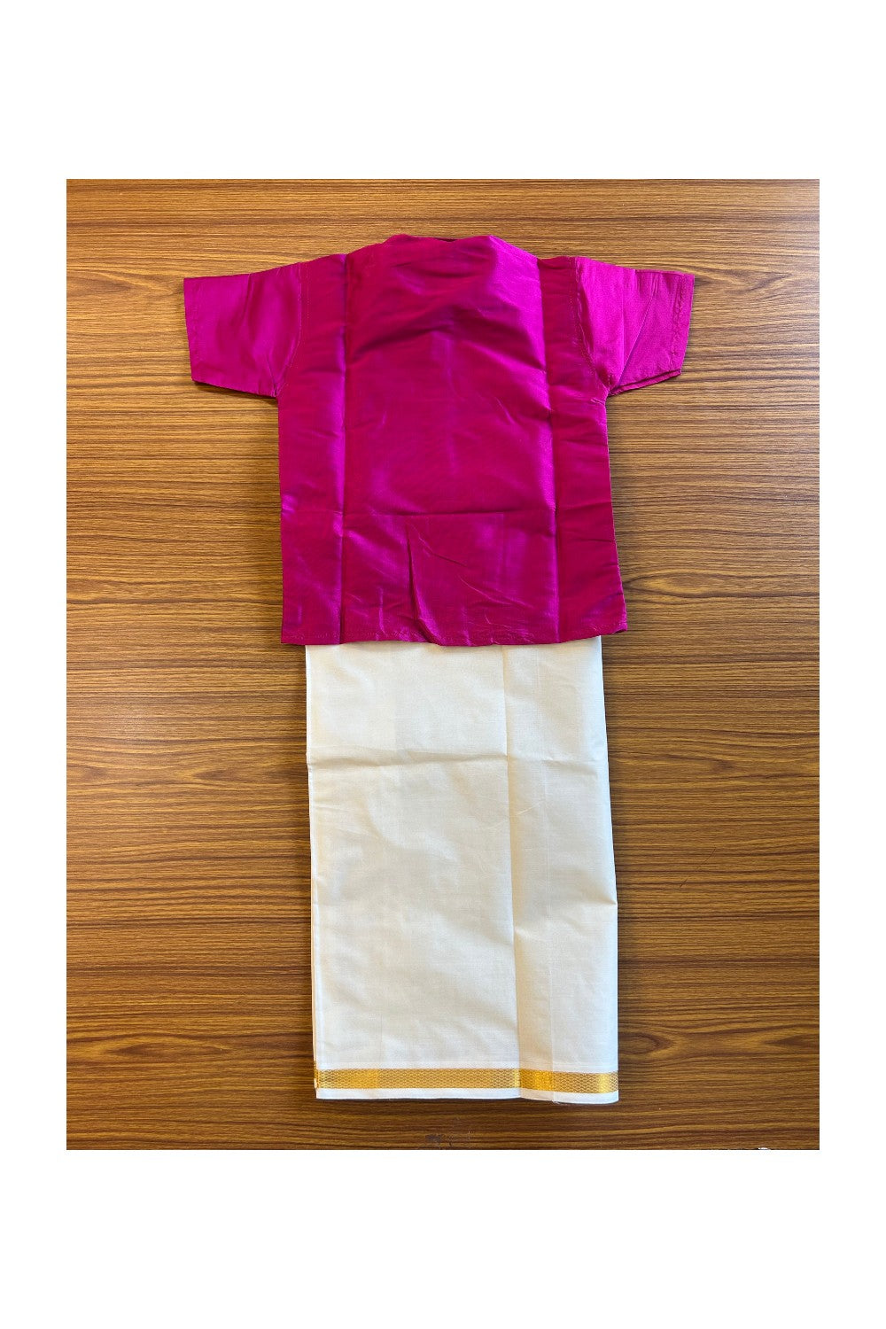 10% DISCOUNT !!! Yuvraj-Traditional South Indian Kids Silk Shirt & Mund - Dark pink Shirt Off white Kasavu Mund Age 3 - 2KK101YUV3.