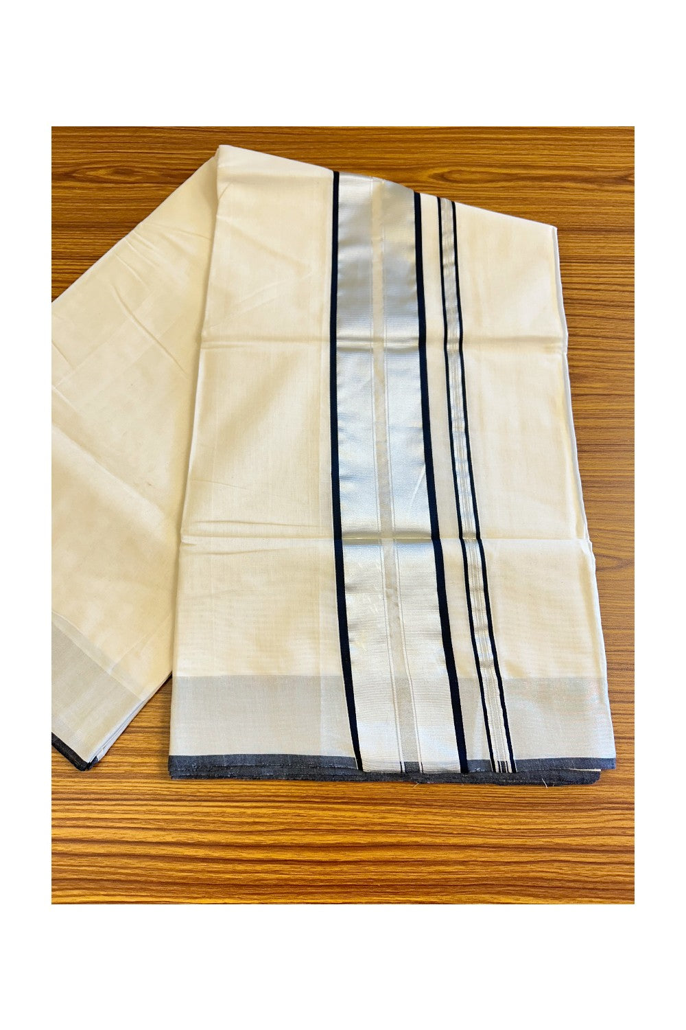 28% Discount KaithariKada HANDLOOM MILPAAV Balaramapuram Kerala Saree for Women - 100% PURE COTTON - Black & Silver Striped KARA - 2KK121RAM