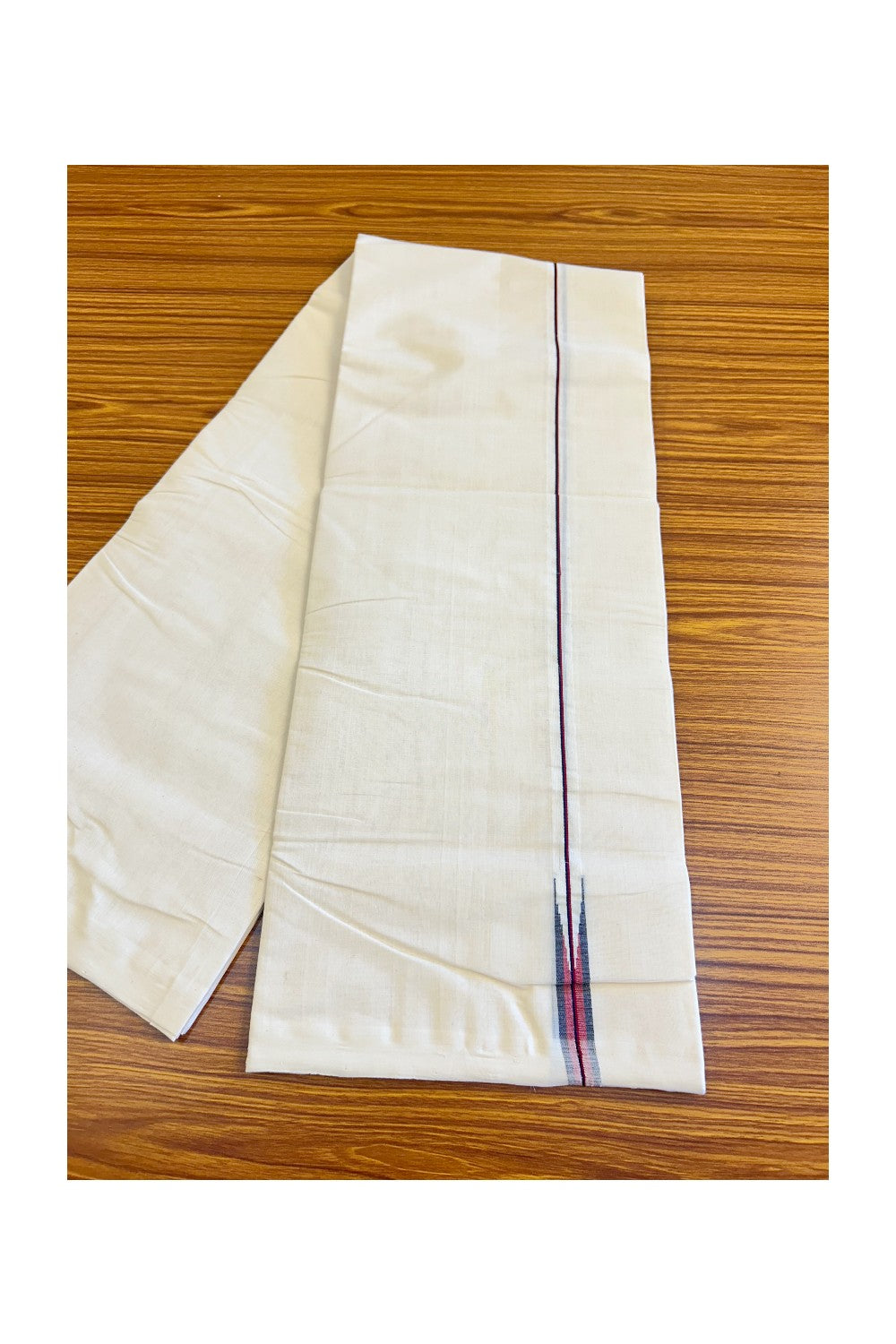 30% DISCOUNT!! KaithariKada HANDLOOM Millpaav Balaramapuram - 100% PURE Cotton OFF White (Unbleached) Double Mundu/Dothi - Navy Blue & Red striped puliyilakkara chutty- 2KK135RAM