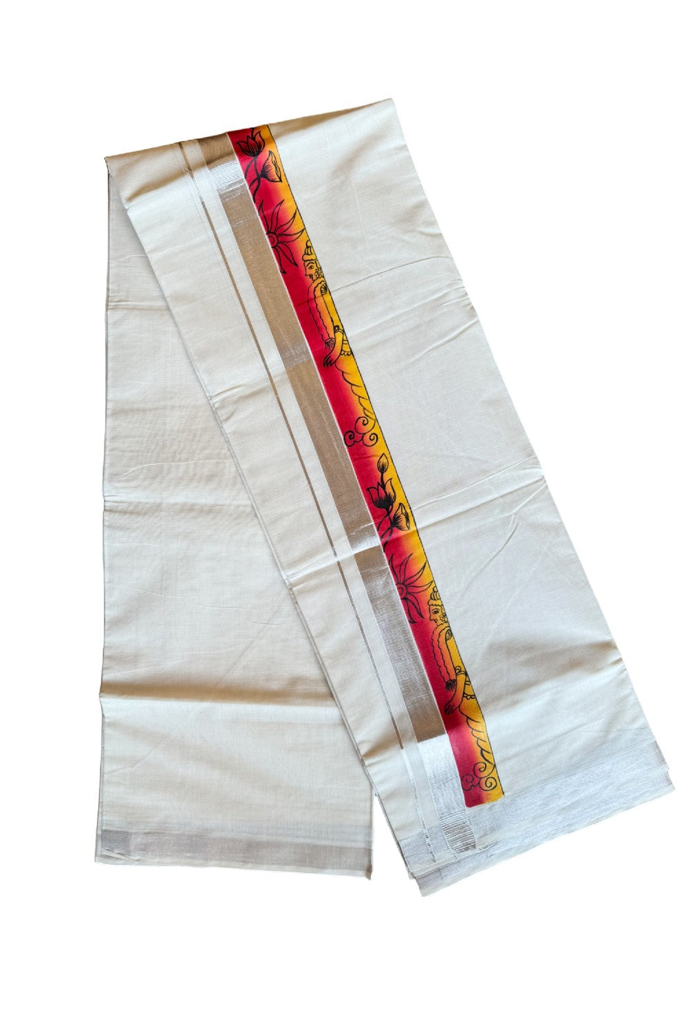 30% Discount! KaithariKada Balaramapuram 100% Cotton off white Double - (Unbleached) Mundu/Dhoti-80x72- Silver Kasavu HAND PAINTED Yellow Red Flower pattern 3inch Kara - 2KK424CEE