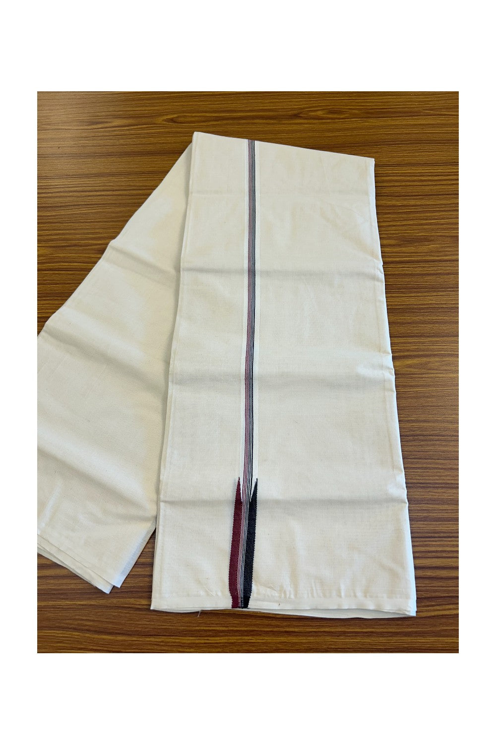 ADMK Veshti - 25% DISCOUNT ! KaithariKada 100% Cotton OFF WHITE (Unbleached) Double Dhoti/Mundu- Black And Maroon stripes Puliyilakkara Chutty- 13KK429ASH