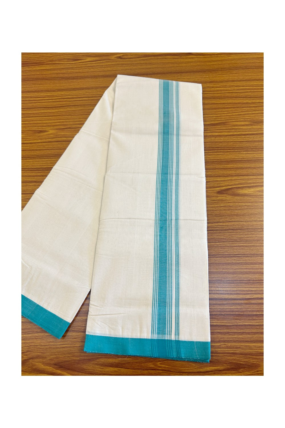 25% DISCOUNT!! KaithariKada HANDLOOM Millpaav Balaramapuram - 100% PURE Cotton OFF White (Unbleached) Double Mundu/Dothi - 2 inch BLUE GREEN striped kara 3.70 meters (8 Muzham) - 2KK453RAM