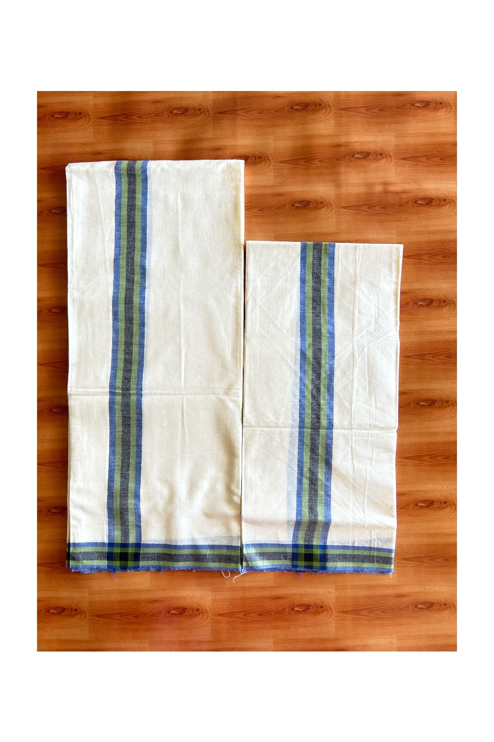 29% Discount!! KaithariKada - Kerala Cotton Single Set Mundu - Blue, Light Green & Black Mulloth Kara- 2KK494VIN