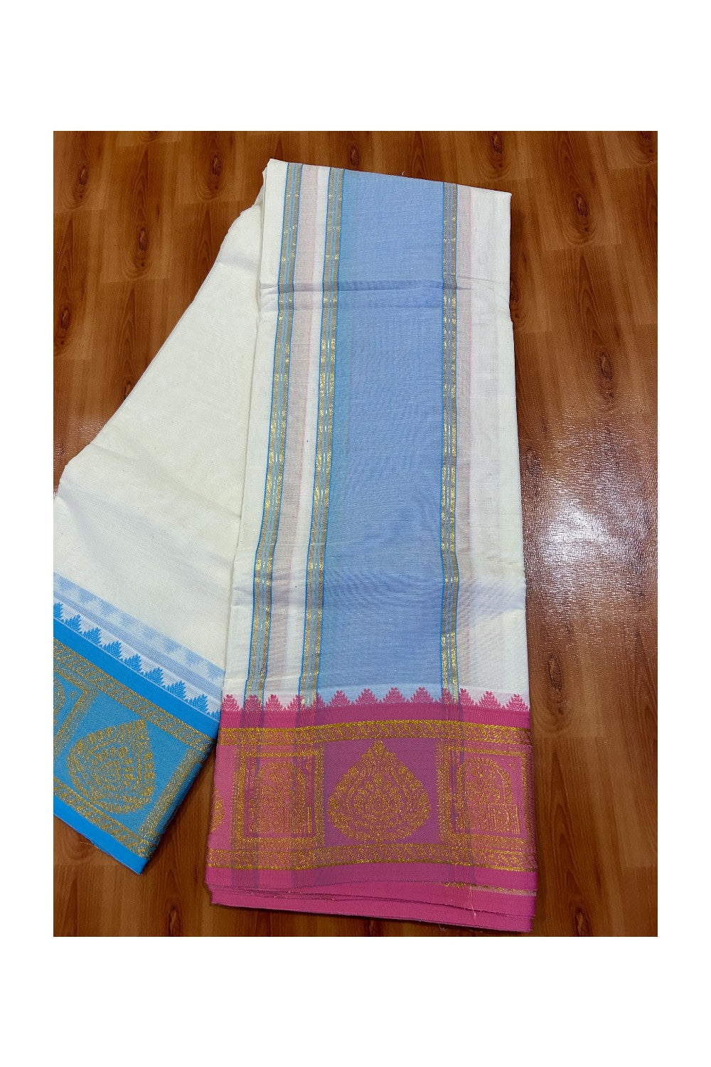 36% DISCOUNT! KaithariKada  Cotton mix Off White - (Unbleached) 80x80 thread - 80 % Cotton & 20 % Polyester -NORTH INDIAN - ATTACHED GAMCHA 9X5 Dhoti 6 inch Blue kara with Pink Blue Kasavu Design border  - 2KK5005PMC