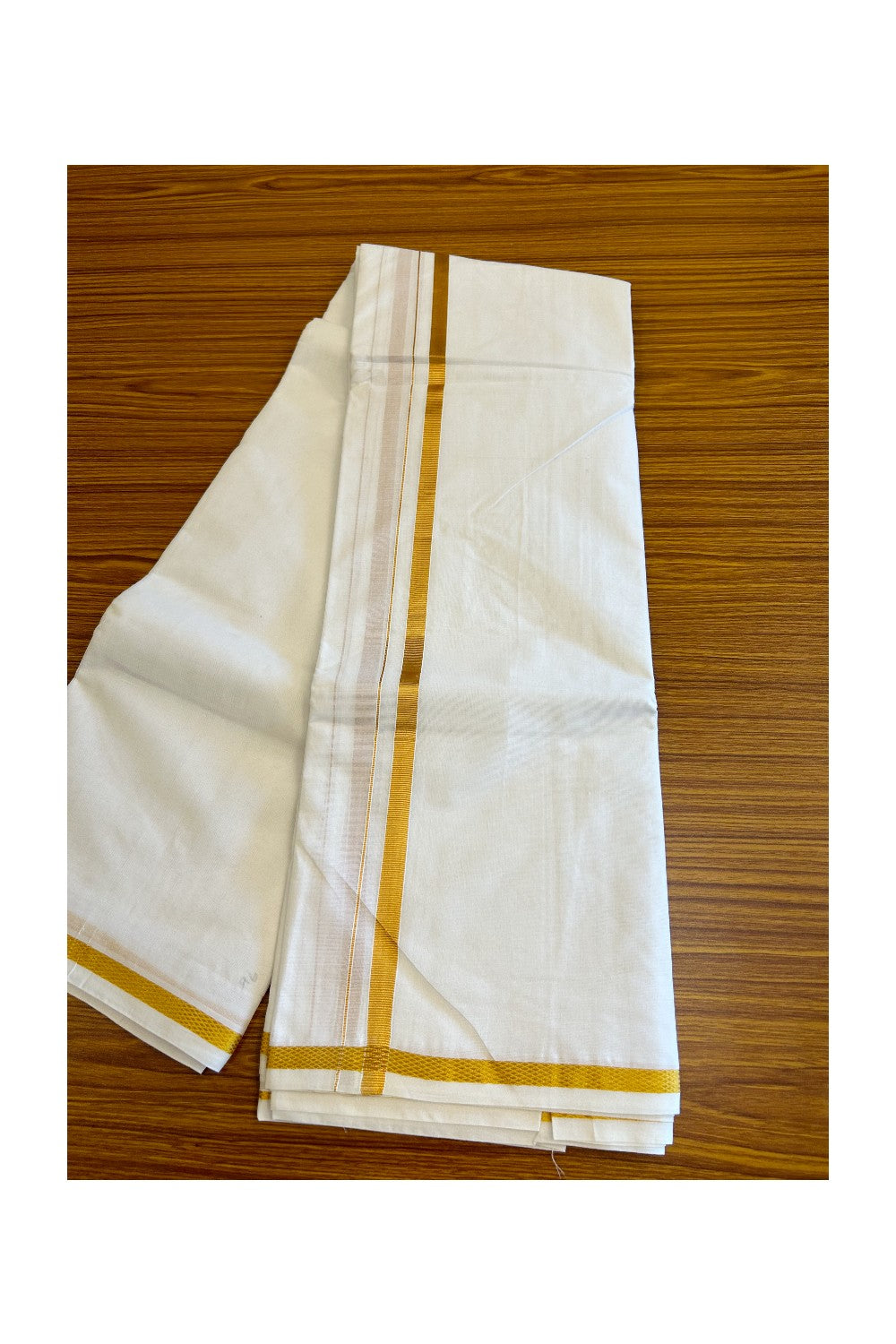 15% DISCOUNT! KaithariKada Cotton Mix  PURE White 80x80 thread - 80% Cotton & 20% Polyester -  NORTH INDIAN - ATTACHED GAMCHA 9X5 Dhoti -  KASAVU 0.5 inch Border - 2KK5008PMC