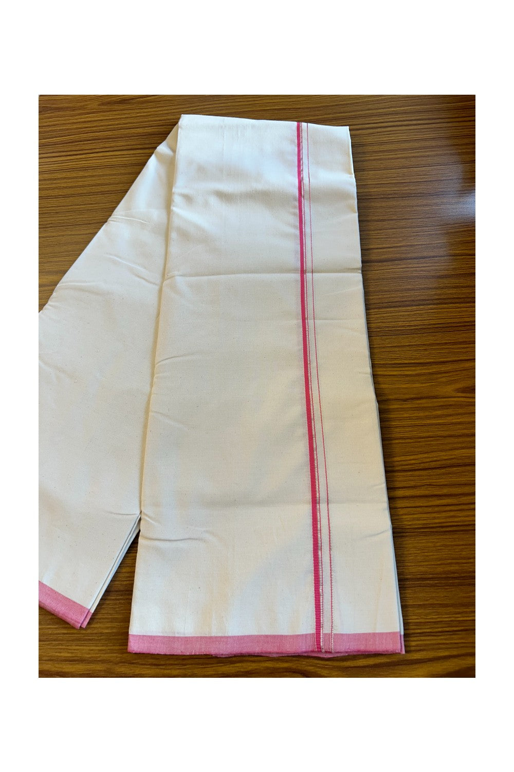 30% Discount!! SIGNATURE KAITHARIKADA EXCLUSIVE SINGLE DHOTI - 100% Cotton Balaramapuram HANDLOOM Single Mundu/Dhoti - Off White - (Unbleached) 0.75 Inch Pink & Silver KASAVU Kara (2 metre / 4 muzham) - 2KK5013KAI