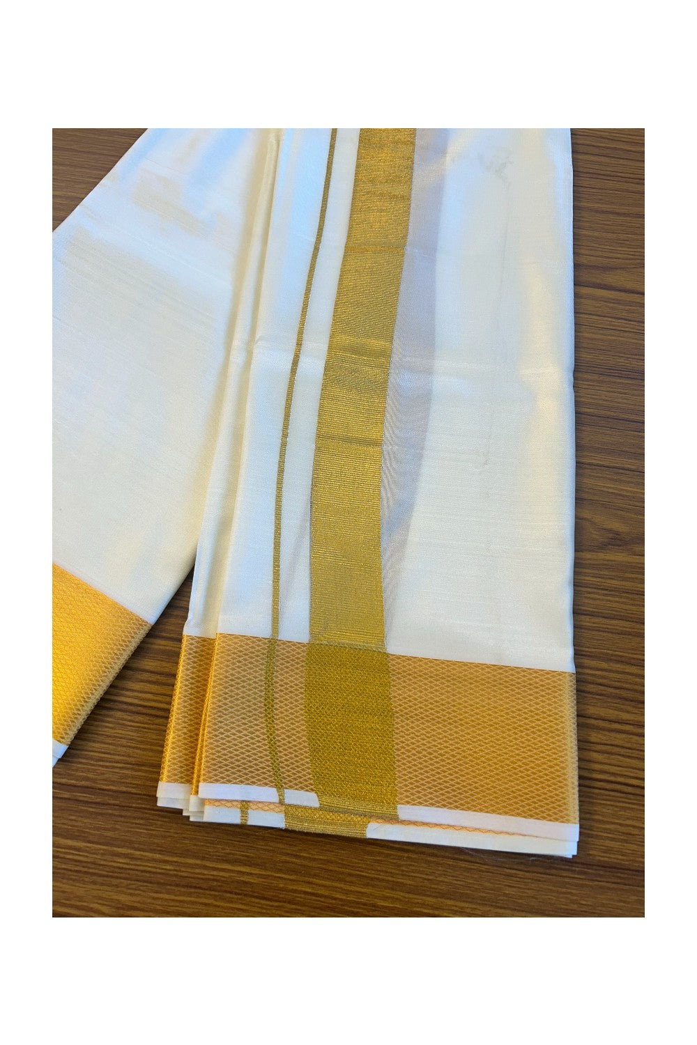 KaithariKada Balaramapuram 100% Art Silk OFF WHITE Double Mundu/Dhoti & Neriyath - 2.5inch Gold Kasavu kara - 3KK5015KAN