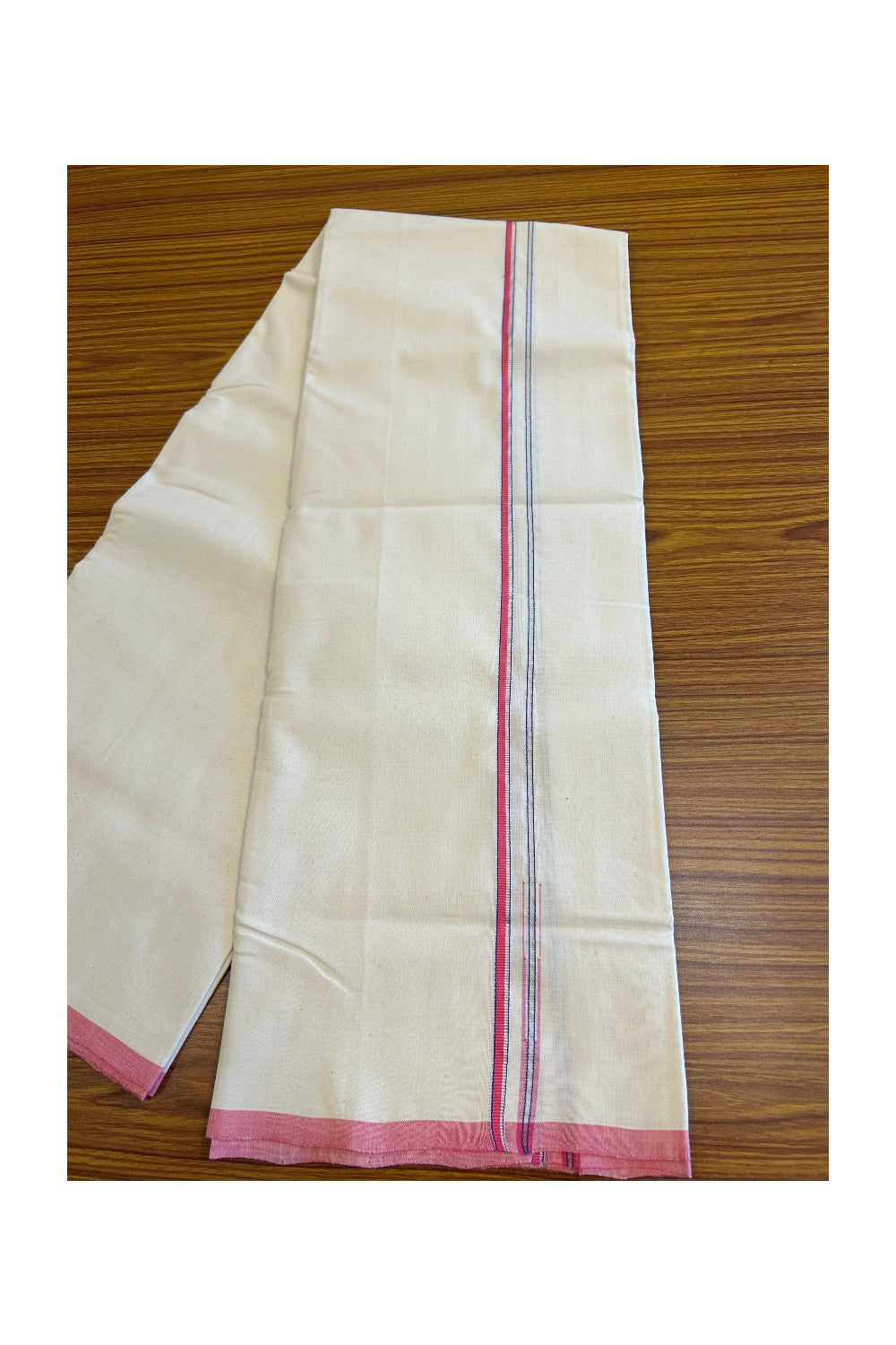 30% Discount!! SIGNATURE KAITHARIKADA EXCLUSIVE SINGLE DHOTI - 100% Cotton Balaramapuram HANDLOOM Single Mundu/Dhoti - Off White - (Unbleached) 1cm Pink Blue & Silver KASAVU Chutty Kara (2 metre / 4 muzham)- 2KK5021KAI