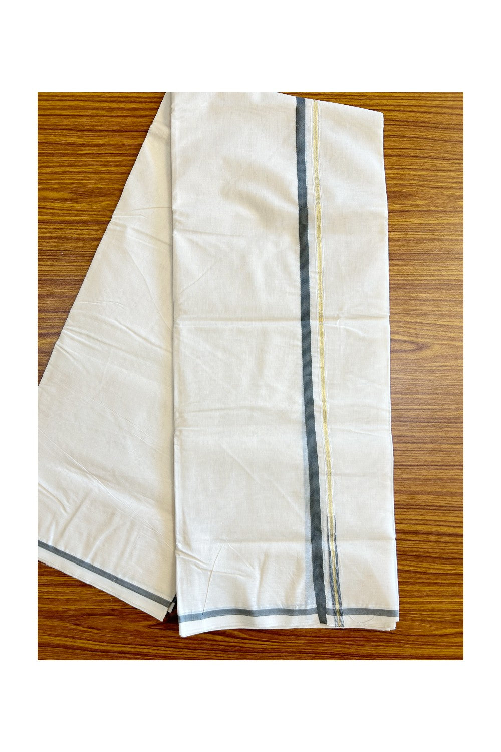 17% DISCOUNT! KaithariKada Balaramapuram 100% Cotton Double Off white - (Unbleached) Mundu/Dhoti-100x100  1.cm Chutty Puliyilakkara Kasavu & Dark Grey Kara - 2KK5028ASH