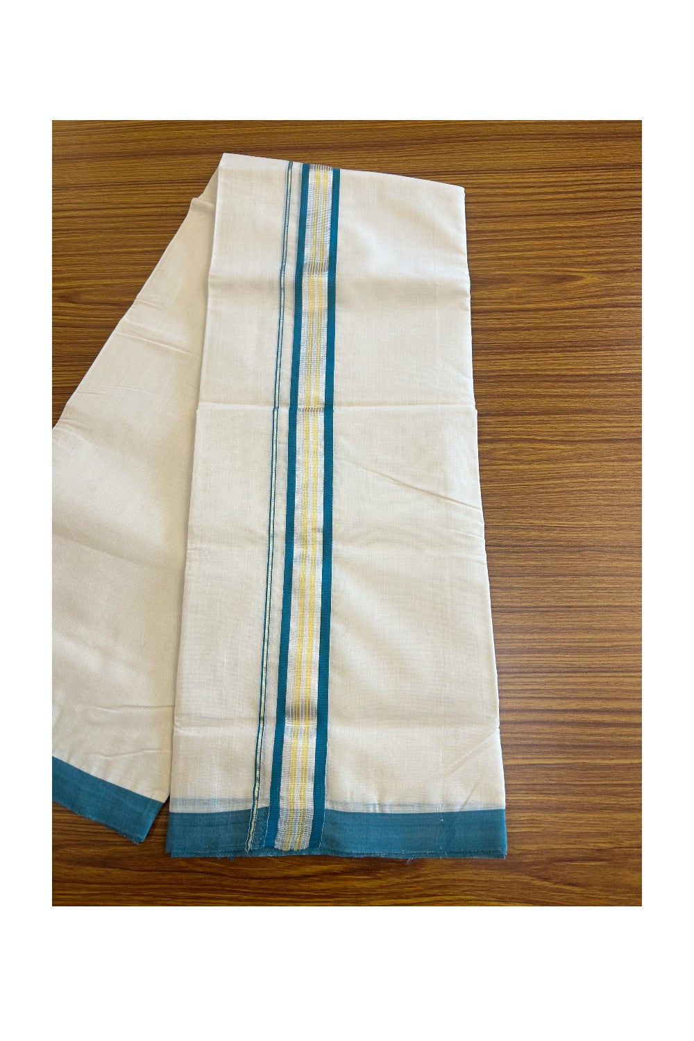 30% DISCOUNT! KaithariKada HANDLOOM Millpaav Balaramapuram - 100% PURE Cotton Off White (Unbleached) - 100x100 Double Mundu/Dhoti - 2 inch Gold & Silver Kasavu Peacock green Stripes Kara-81