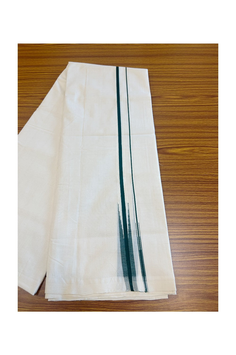 25% DISCOUNT!! KaithariKada HANDLOOM  UNAKKUPAAV Balaramapuram - 100% PURE Cotton OFF White Double - (Unbleached) Mundu/Dothi - 0.75 inch Puliyilakkara Green Double chutty - 2KK5049REA