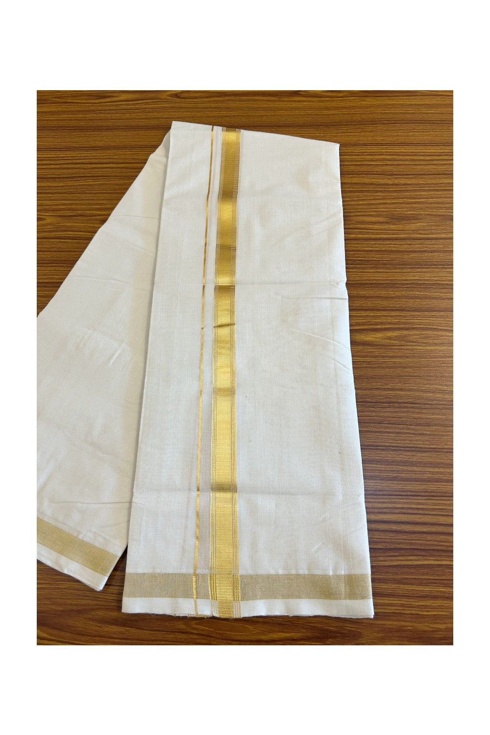 25% DISCOUNT!! KaithariKada HANDLOOM Millpaav Balaramapuram - 100% PURE Cotton OFF White - (Unbleached) Double Mundu/Dothi - 1.65 Inch Kasavu stripes Kara - 2KK504RAM
