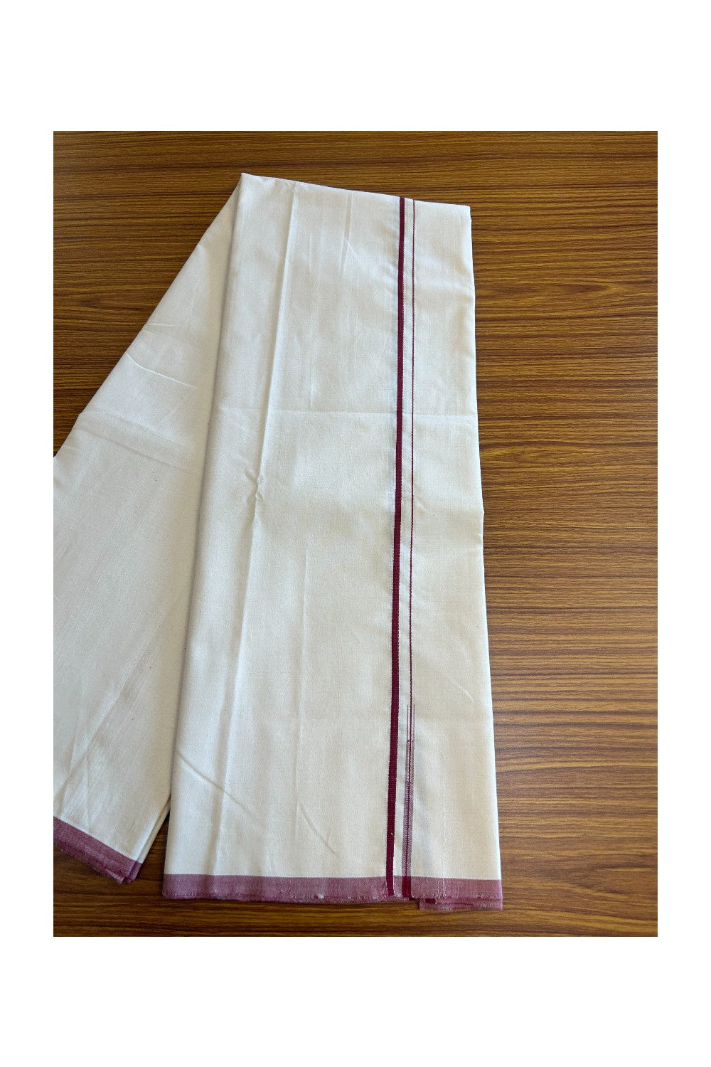 SIGNATURE KAITHARIKADA EXCLUSIVE SINGLE DHOTI - 25% Discount!!! 100% Cotton Balaramapuram HANDLOOM Single Mundu/Dhoti - Off White - (Unbleached) - 0.5 cm Maroon Chutty Kara  (2 meter / 4 muzham) - 2KK5050KAI