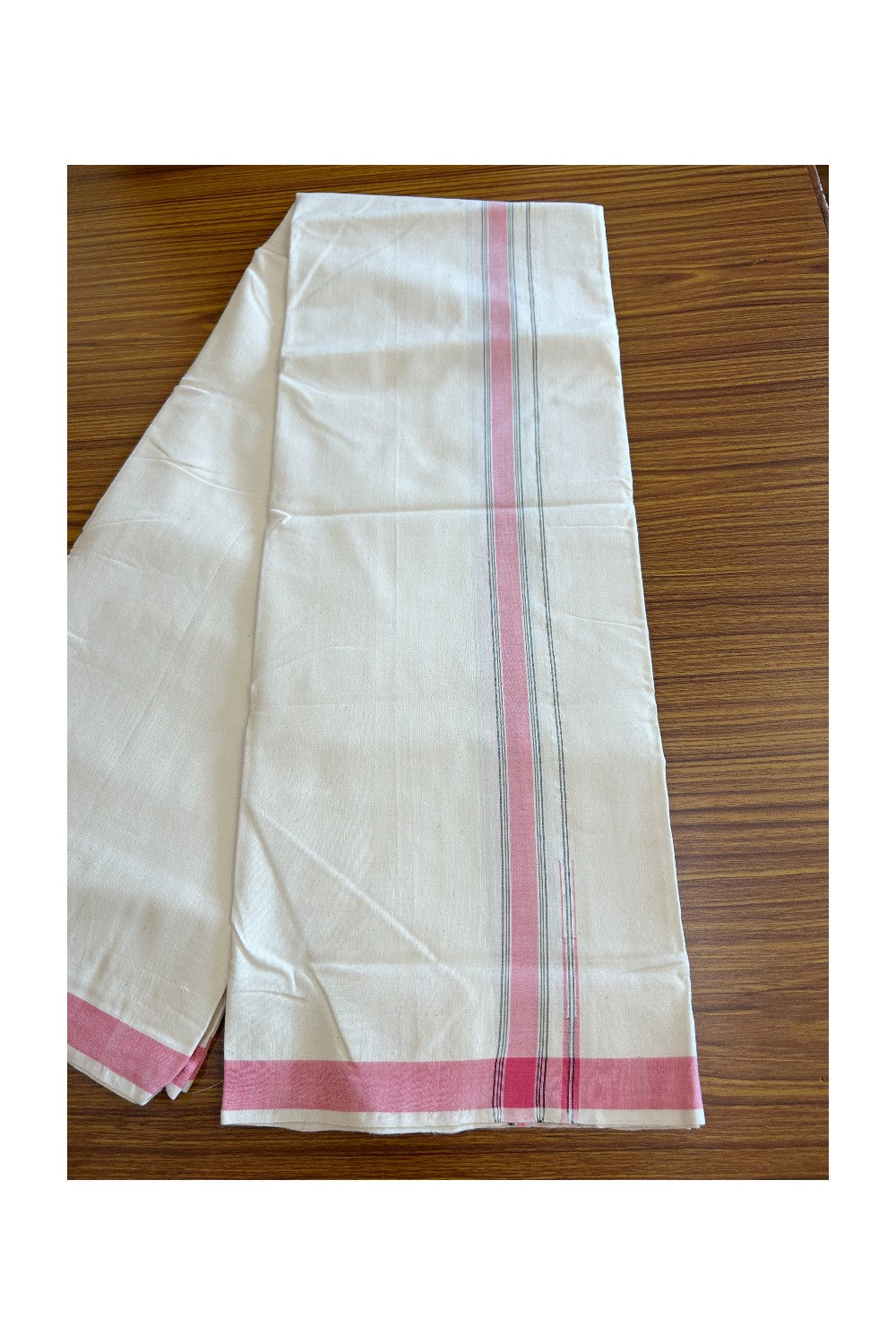 30% Discount ! KaithariKada 100% Cotton Balaramapuram HANDLOOM Single Mundu/Dhoti - Off White - (Unbleached) - 1 inch Puliyilakkara  Pink Chutty & Black Stripes Kara  (2 meter / 4 muzham) - 2KK5065KK