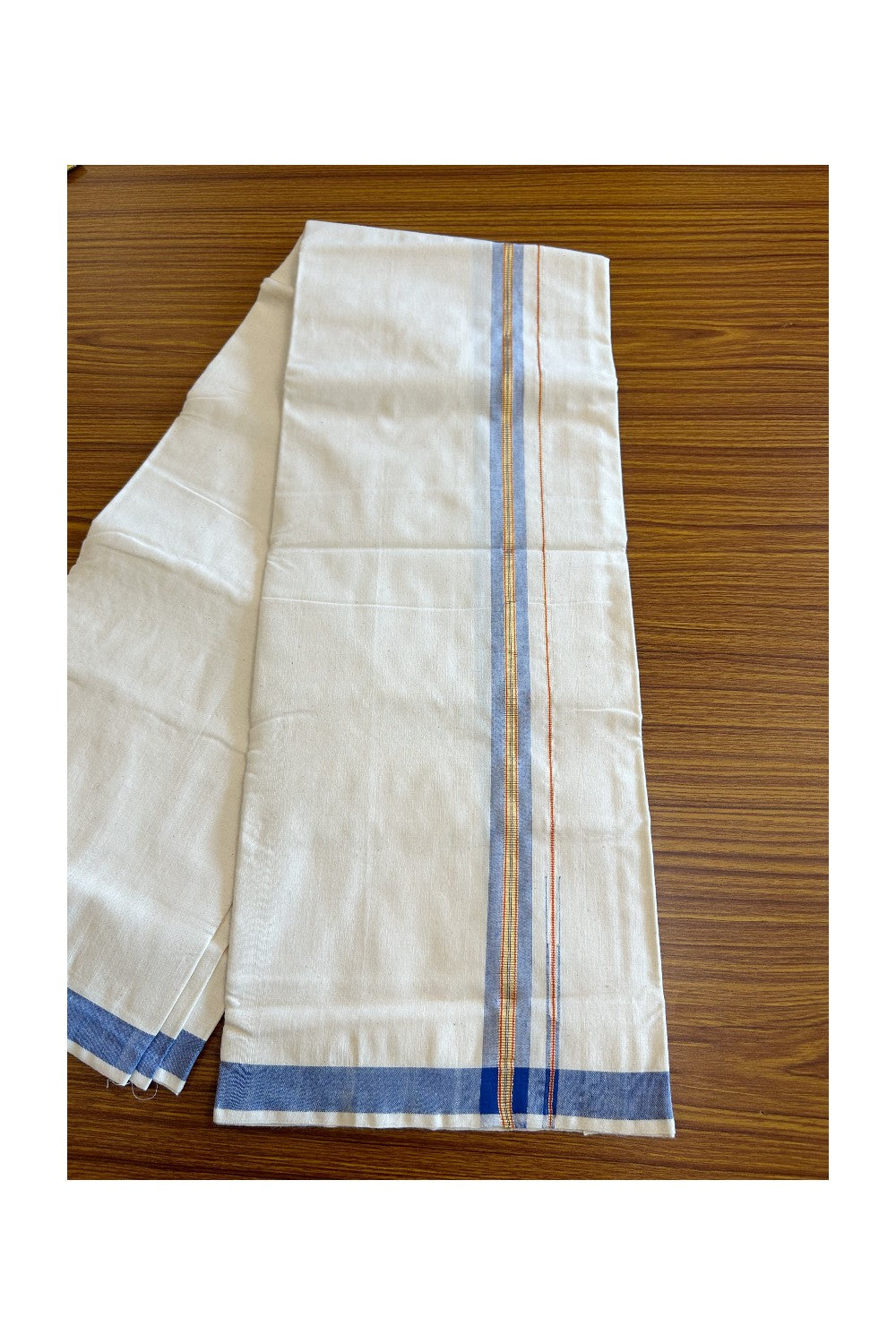 30% Discount ! KaithariKada 100% Cotton Balaramapuram HANDLOOM Single Mundu/Dhoti - Off White (Unbleached) 1.Inch (2 meter / 4 muzham) Blue & Red Stripes Kasavu Puliyilakkara Chutty- KAIR03.