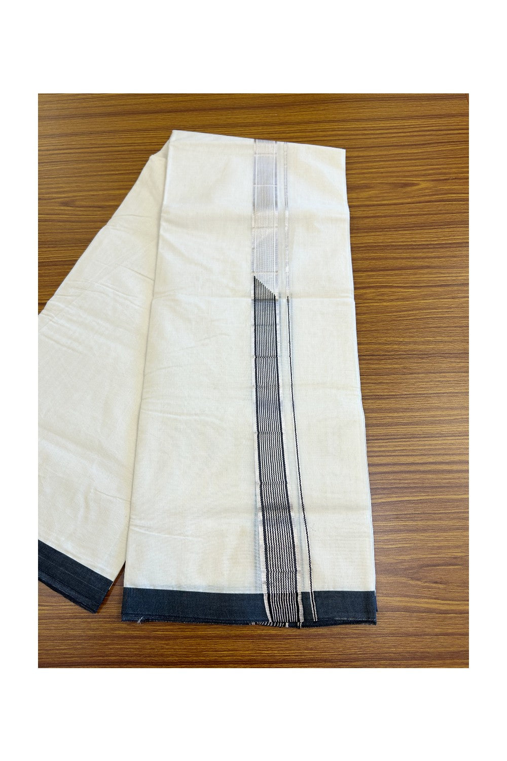 20% Discount !! KaithariKada Balaramapuram 100% Cotton Double Off White - (Unbleached) Mundu/Dhoti-100x100 1.5 inch Heavy Chutty Silver Kasavu & Black Striped kara - 8KK5055ASH