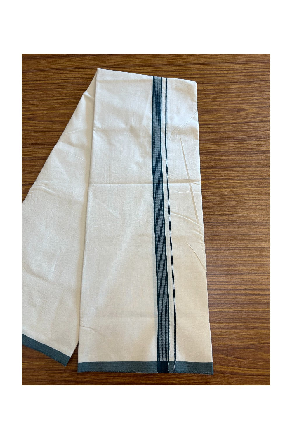 19% DISCOUNT ! KaithariKada Balaramapuram 100% COTTON SINGLE OFF WHITE - (Unbleached) Mundu/Dhoti-Twisted 100s Thread- 1.25 Inch Green Striped Kara (2 metre / 4 muzham)- 2KK5079ASH