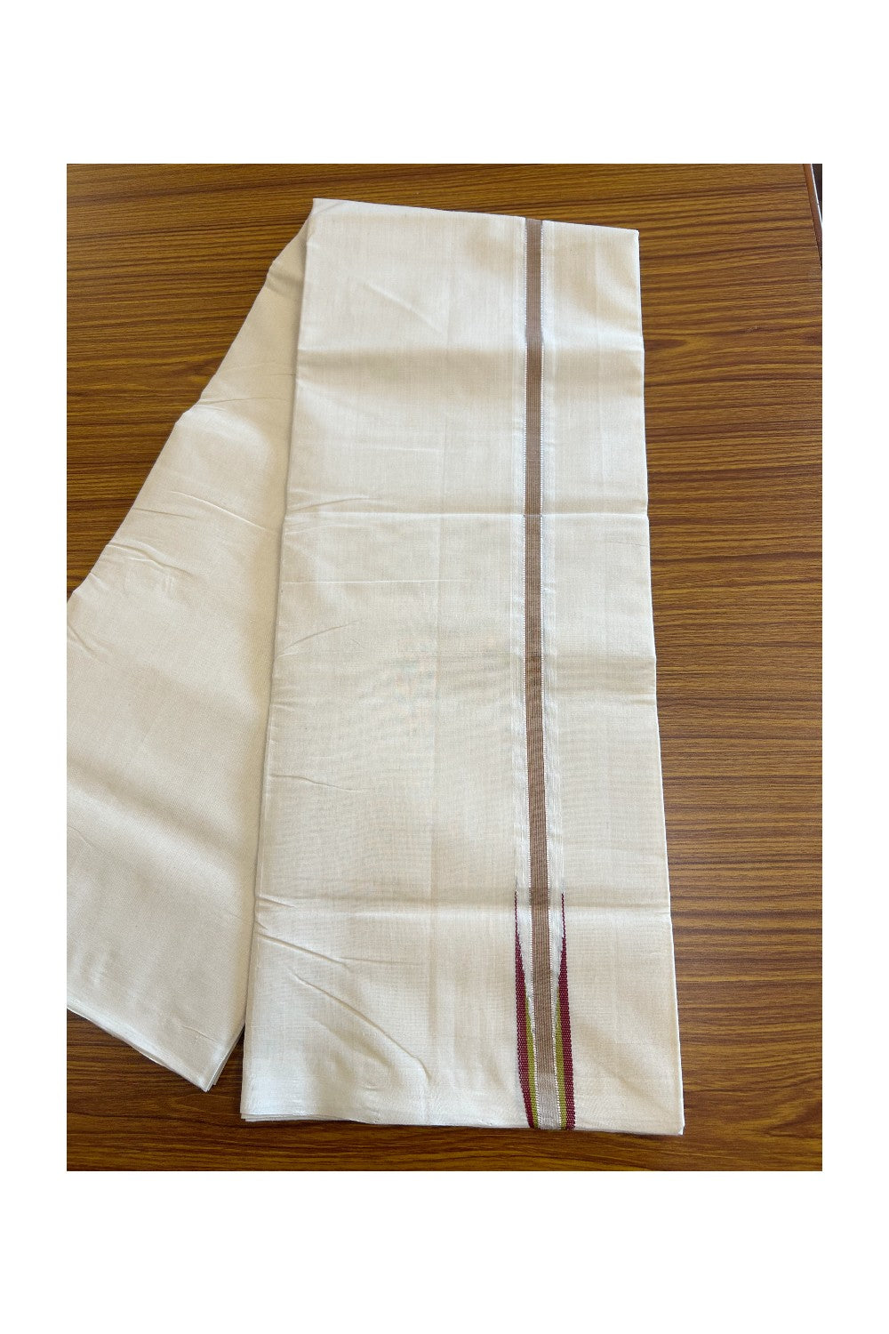 30% DISCOUNT!! KaithariKada HANDLOOM Millpaav Balaramapuram - 100% PURE Cotton OFF White - (Unbleached) Double Mundu/Dothi - 1.25 inch Puliyilakkara Green Maroon & Silver Kasavu Striped Chutty Kara - 2KK5105RAM