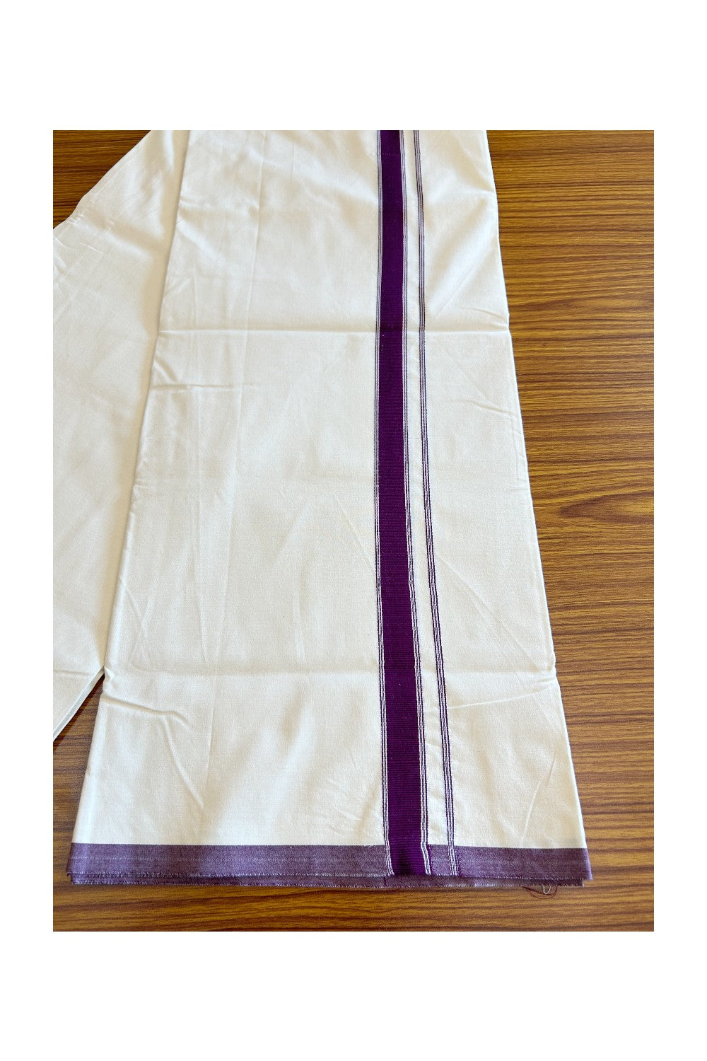 28% DISCOUNT ! KaithariKada Balaramapuram 100% COTTON SINGLE OFF WHITE - (Unbleached) Mundu/Dhoti-Twisted 100s Thread- 1.75 inch Wine Purple Striped Kara (2 meter / 4 muzham) - 2KK5120ASH