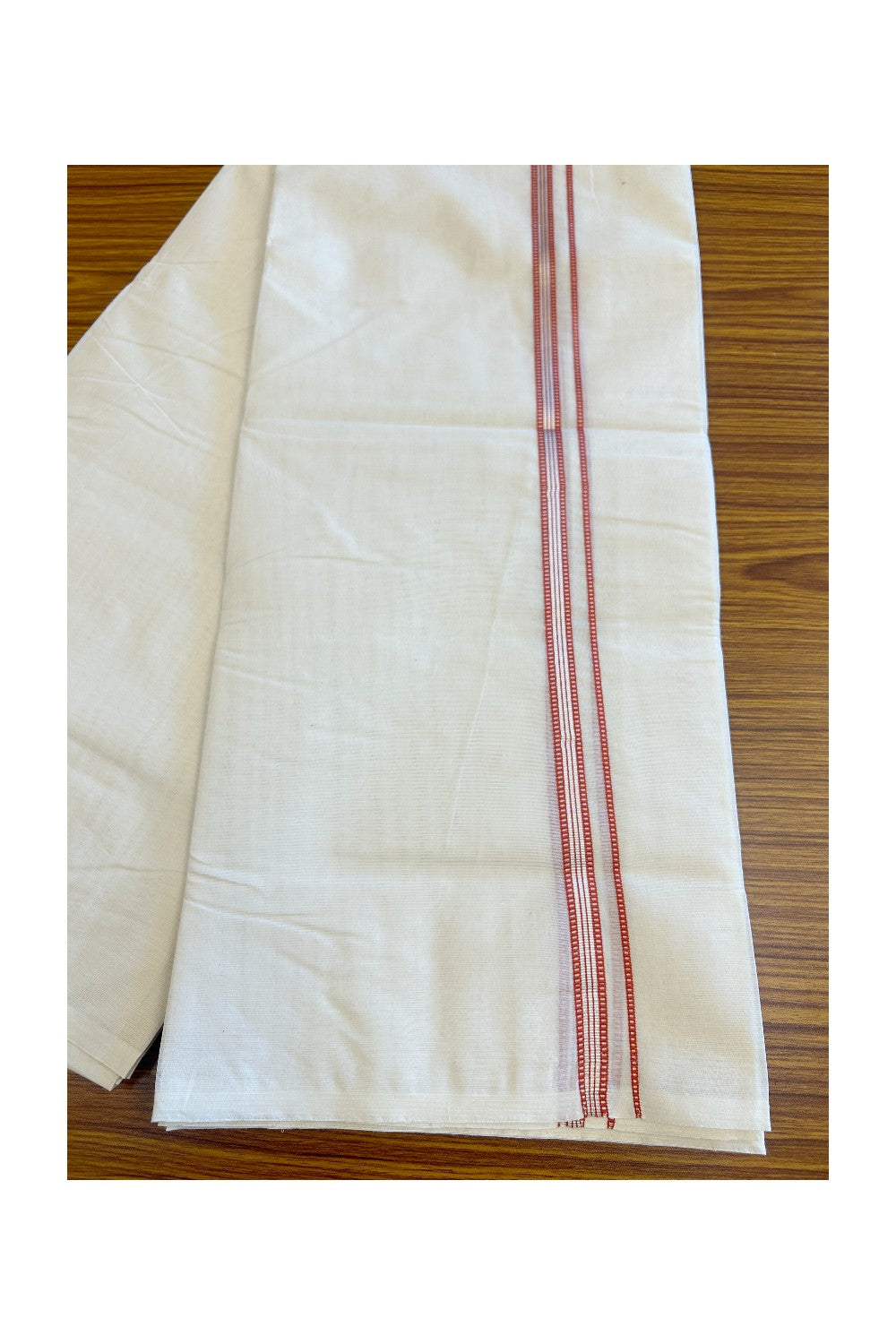 20% Discount KaithariKada Balaramapuram 100% Cotton Double Off white - (Unbleached) - Mundu/Dhoti - 100x100 - 0.5 inch Silver Kasavu & Brick Red Kara -3.60m (8muzham)- 8KK5125ASH