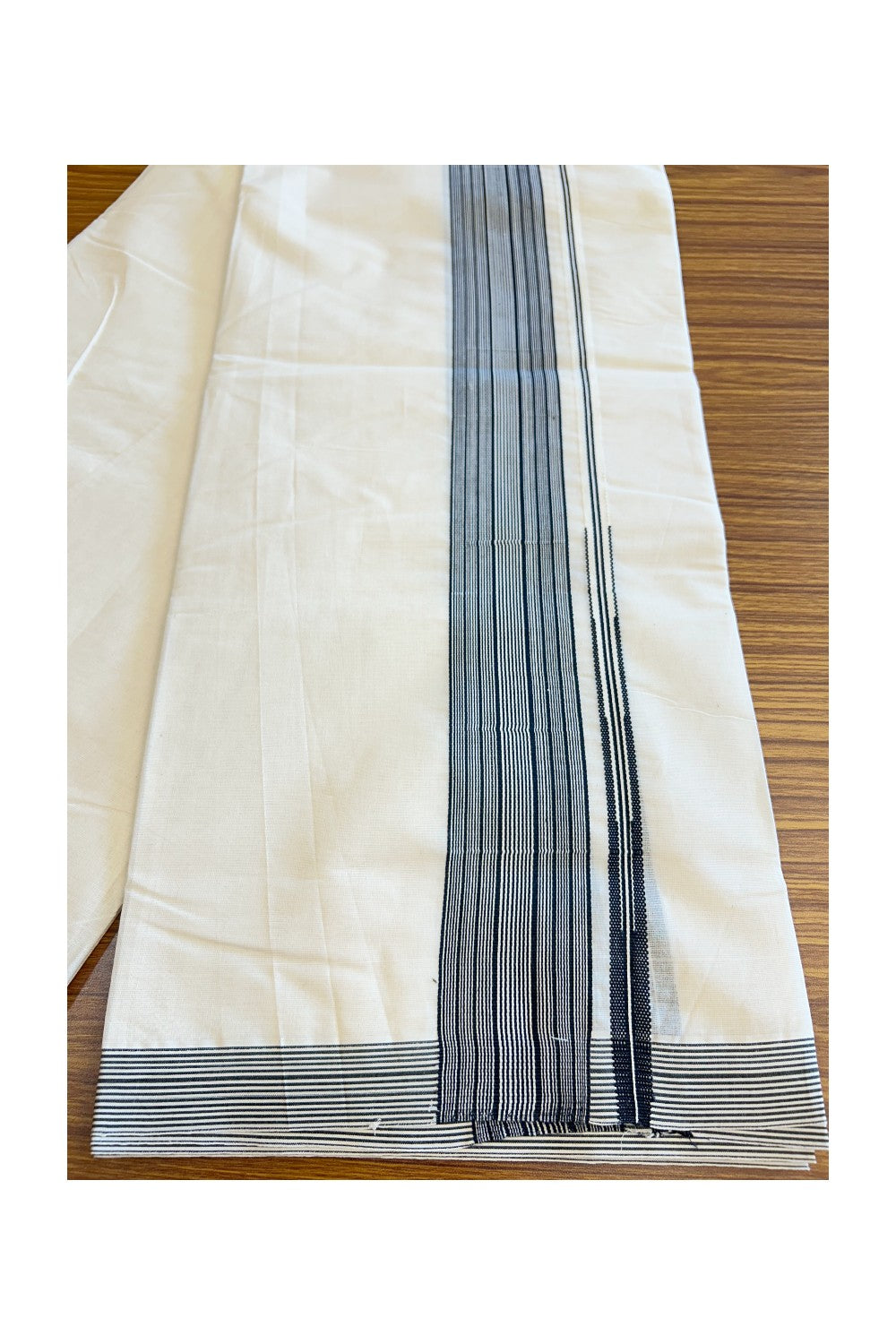 25% DISCOUNT ! KaithariKada Balaramapuram 100%  Cotton Double Off white (Unbleached) Mundu/Dhoti - 100X100 - Puliyilakkara chutty 2.25 Inch Black & White striped kara - 2KK5126ASH