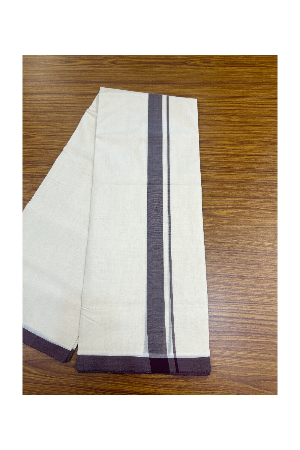 25% Discount!!! KaithariKada HANDLOOM UNAKKUPAAV Balaramapuram - 100% PURE Cotton OFF WHITE Double Mundu/Dhoti - 1.5 inch Dark Maroon Mulloth Kara - 2KK5136RAM