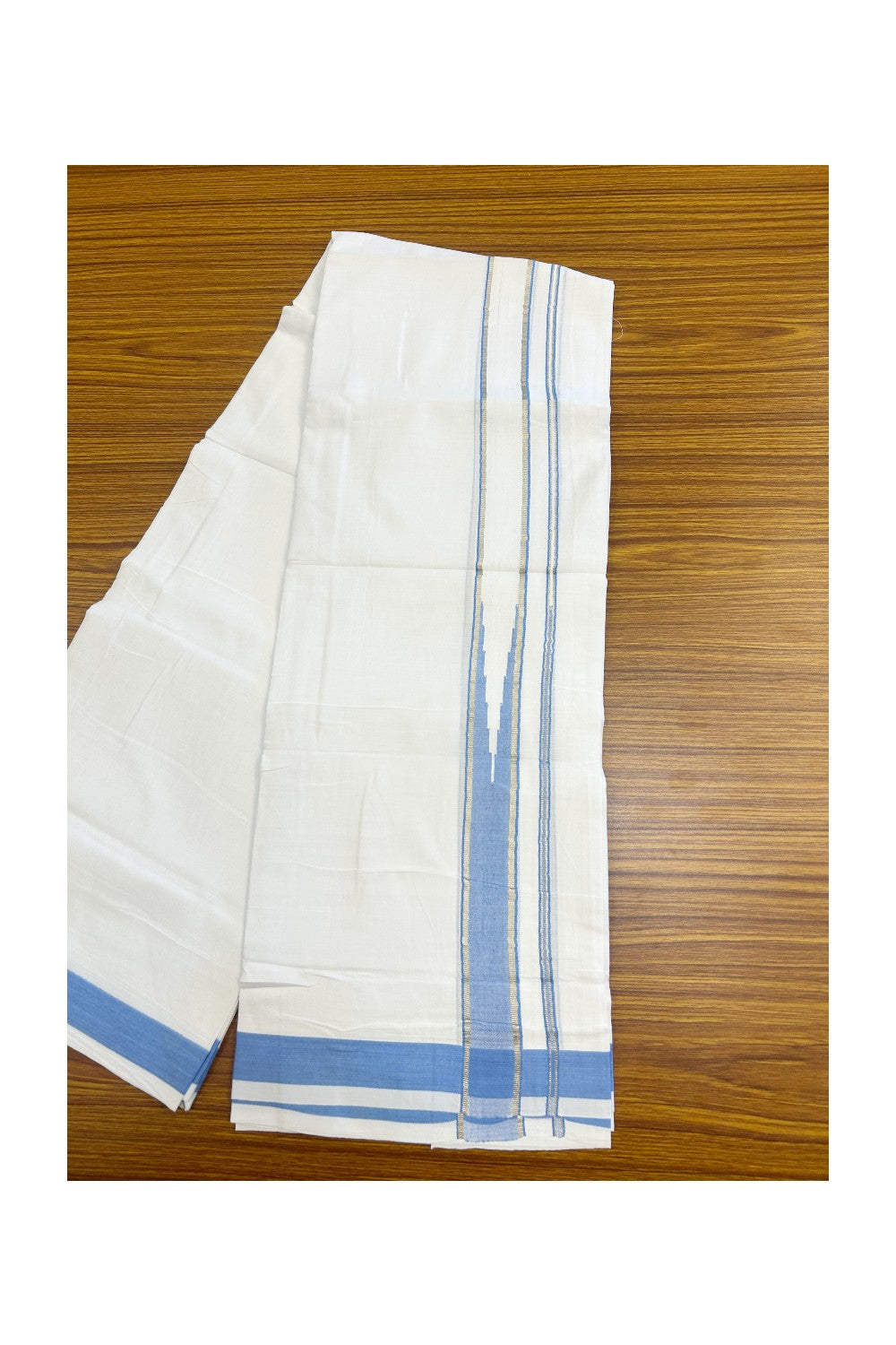 25% DISCOUNT! KaithariKada Balaramapuram 100% Mercerised Cotton Double ULTRA PURE white Mundu/Dhoti - 120x120 - 1.5 inch Heavy Chutty Silver Kasavu & Light Blue Shaded Kara - 2KK5139THI