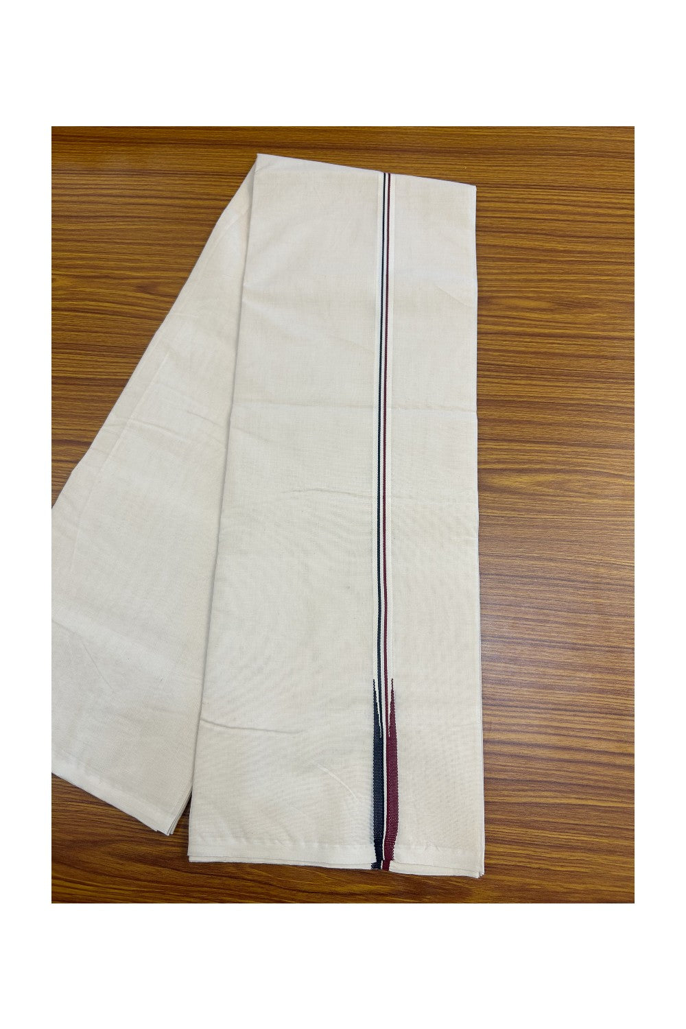 ADMK VESTHI 22% DISCOUNT ! KaithariKada Balaramapuram 100% COTTON DOUBLE OFF WHITE (Unbleached) Mundu/Dhoti-100X100- 0.75 Inch  Puliyilakkara Maroon & Black Chutty Kara - 2KK5140ASH