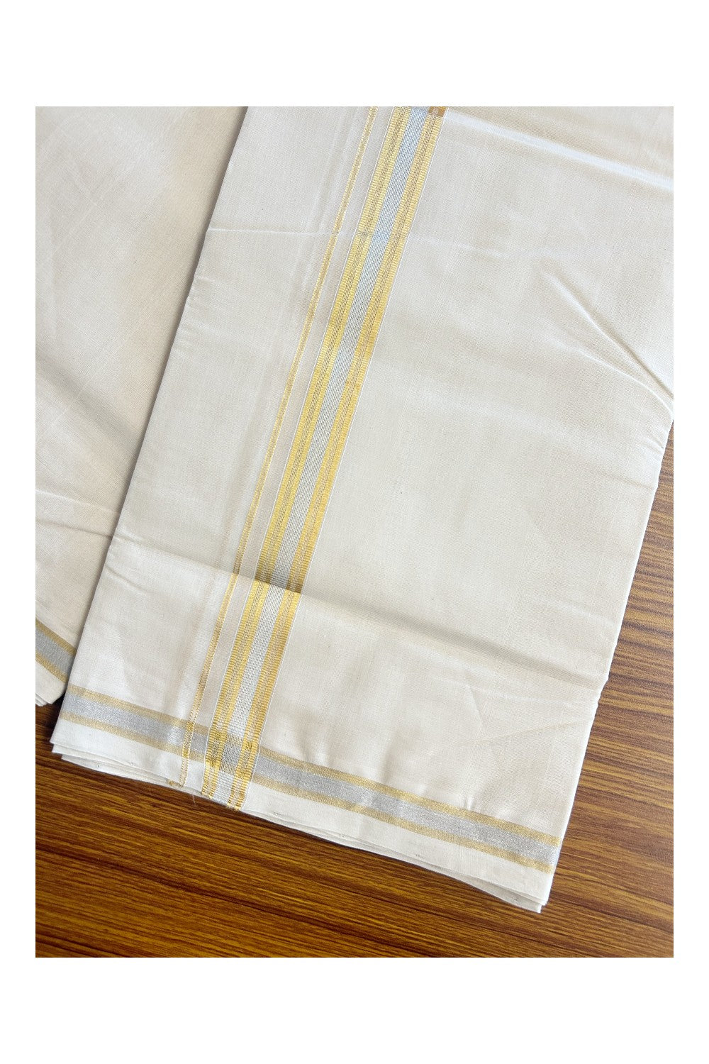 30% DISCOUNT ! KaithariKada HANDLOOM Millpaav Balaramapuram - 100% PURE Cotton Off White - (Unbleached) Double Mundu/Dhoti -& 1.25 inch Gold Kasavu & Silver Kasavu Kara - 2KK5149RAM