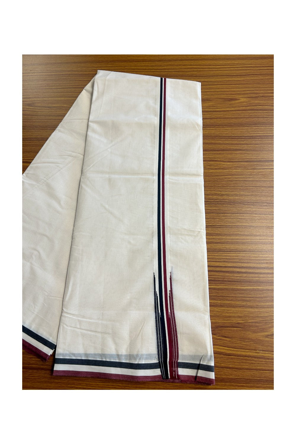 AIADMK VESHTI - 22% DISCOUNT! KaithariKada 100% Cotton off white Double - (Unbleached) Mundu/Dhoti - 100X100 - 1 inch Black White & Maroon Striped Wings Chutty kara- 2KK5150ASH